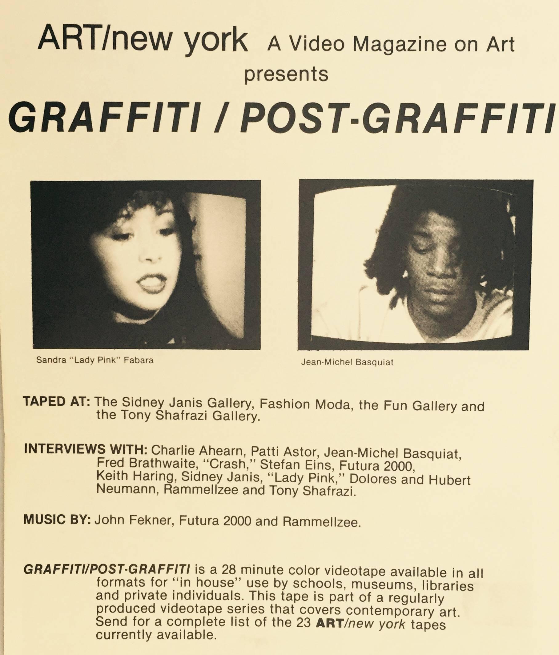Basquiat, Keith Haring, Futura 2000 & more
ART/New York: “Graffiti/Post-Graffiti,” 1984 announcement card featuring original photographs of Basquiat, Keith Haring, Rammellzee, & Lady Pink. A historic New York graffiti collectible, suitable for