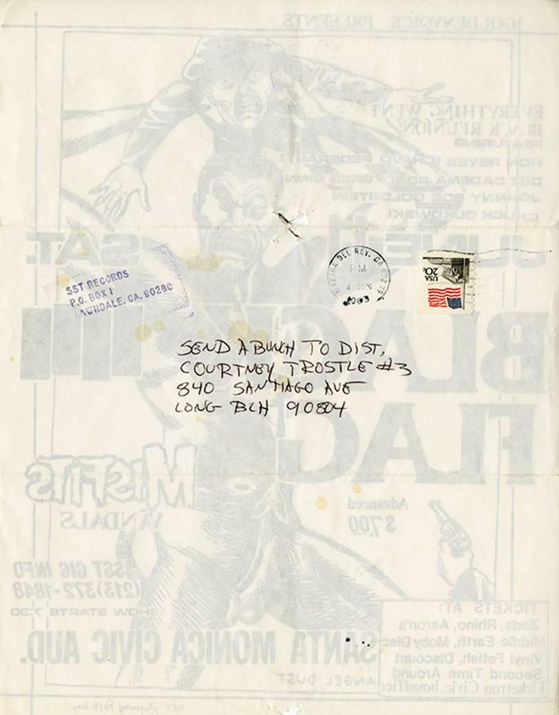 Raymond Pettibon: Rare eraly Black Flag punk flyer 
Black Flag Santa Monica Civic Auditorium, Jun 11, 1983. Santa Monica, CA.   Flyer / handbill for gig by Black Flag, Misfits, Vandals featuring artwork by Pettibon. Post-marked 1983 on verso; rare