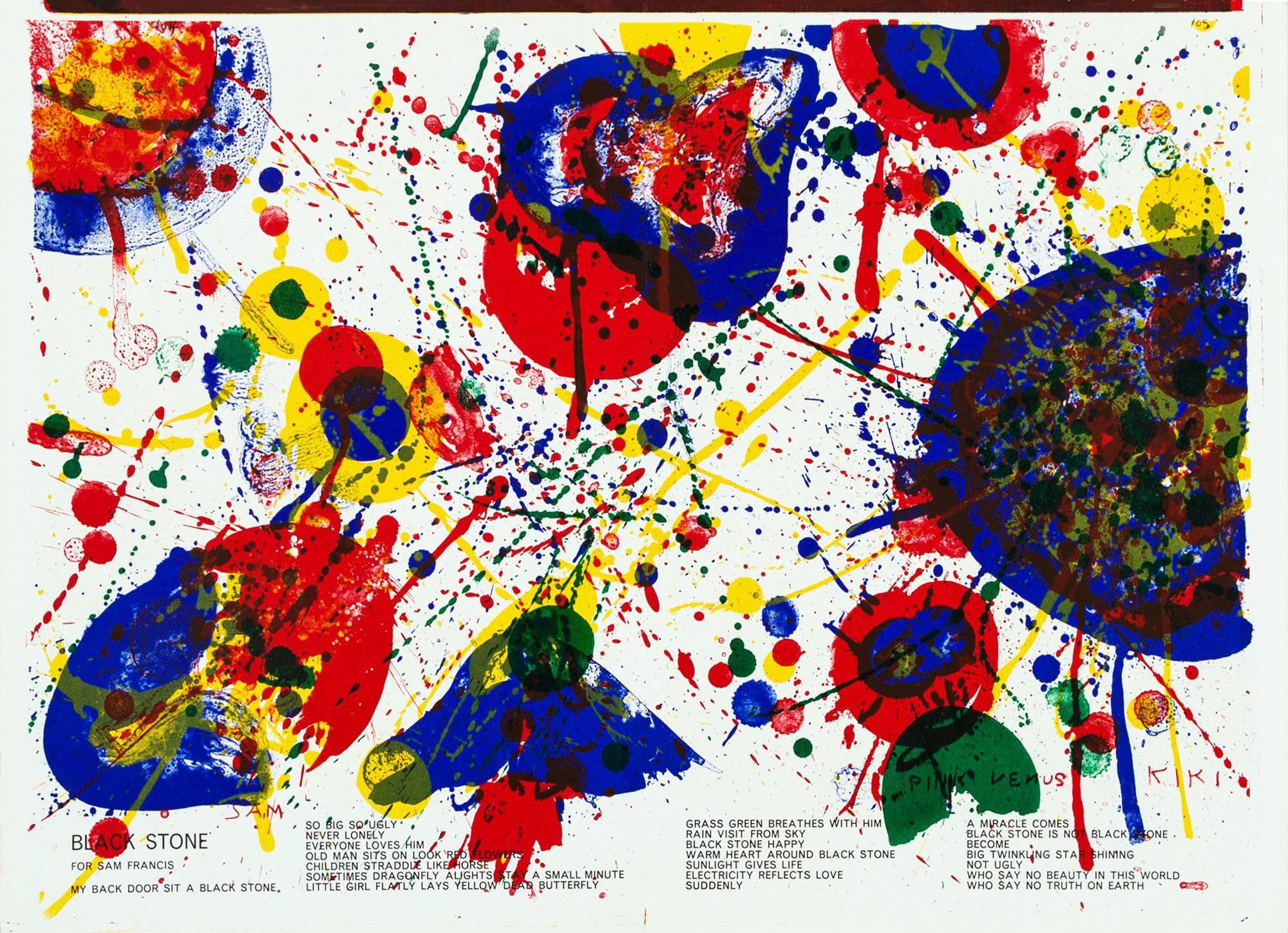 Sam Francis Lithograph, 1964
Portfolio: 1 Cent Life, 1964: Published by E. W. Kornfeld, Bern, Switzerland 
Title: Sam Francis "Blackstone"

Original lithograph in colors
16 x 23 in (40.64 x 58.42 cm)
Center fold-line as issued; otherwise