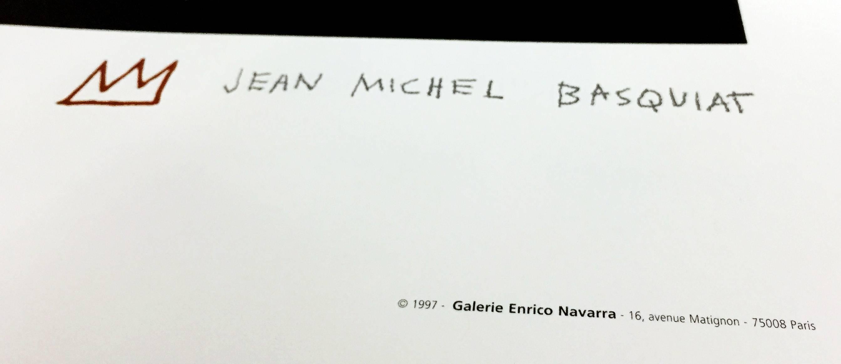 Affiche lithographique vintage Basquiat sur papier chiffon en arc de cercle fin:: publiée par la galerie Enrico Navarra:: Paris:: 1997. Cette pièce a été produite avec l'autorisation de la succession de Basquiat (trademark en bas à gauche):: et est
