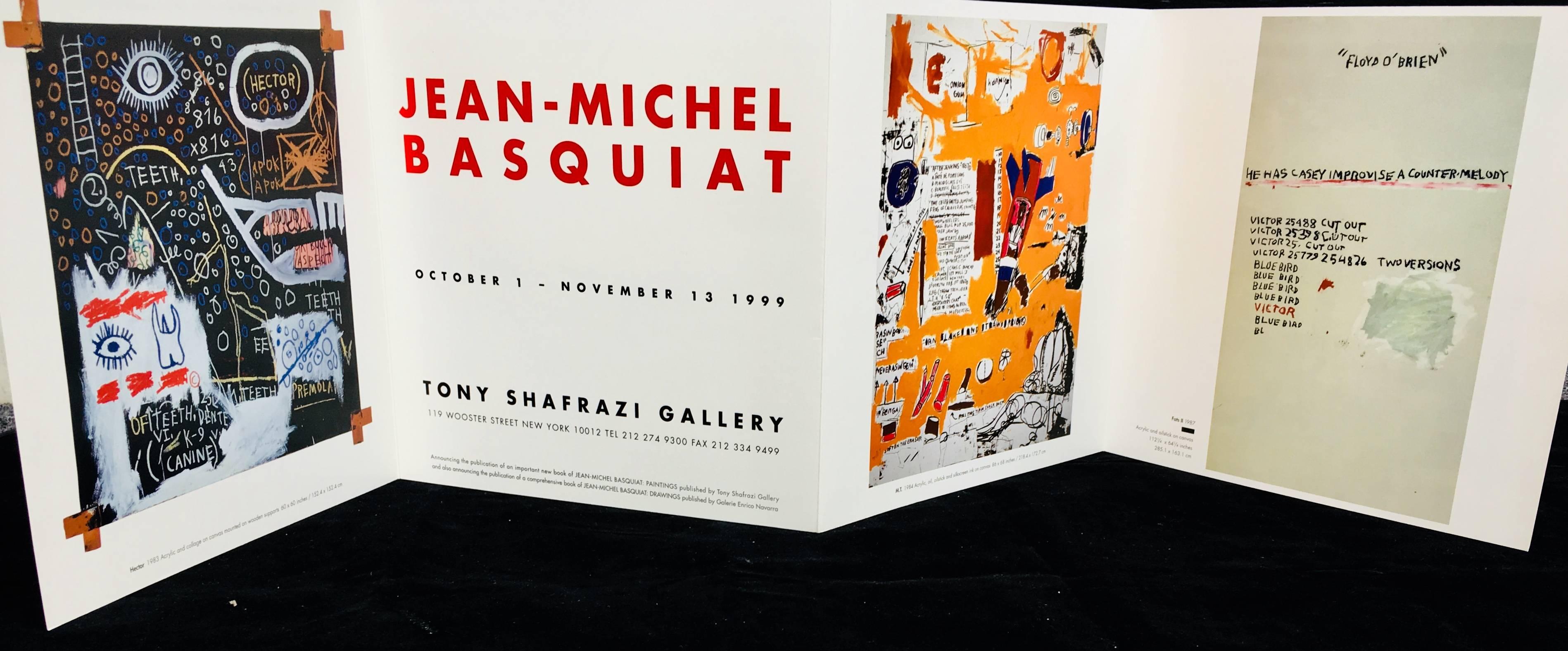 Basquiat Tony Shafrazi poster card 
Vintage announcement produced in conjunction with 'Jean-Michel Basquiat at Tony Shafrazi Gallery, New York: October 1 to November 13, 1999'.  A rare frame-able, Basquiat ephemera piece with much character. 8.5 x