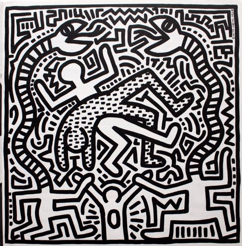 Vintage Keith Haring Record Cover Art, 1982; for the album, "Duck RocK"; produced by the legendary Malcom McLaren of Sex Pistols fame. 

Haring illustrations appear on front and back cover, as well as a rare, limited run fold-out insert, which was