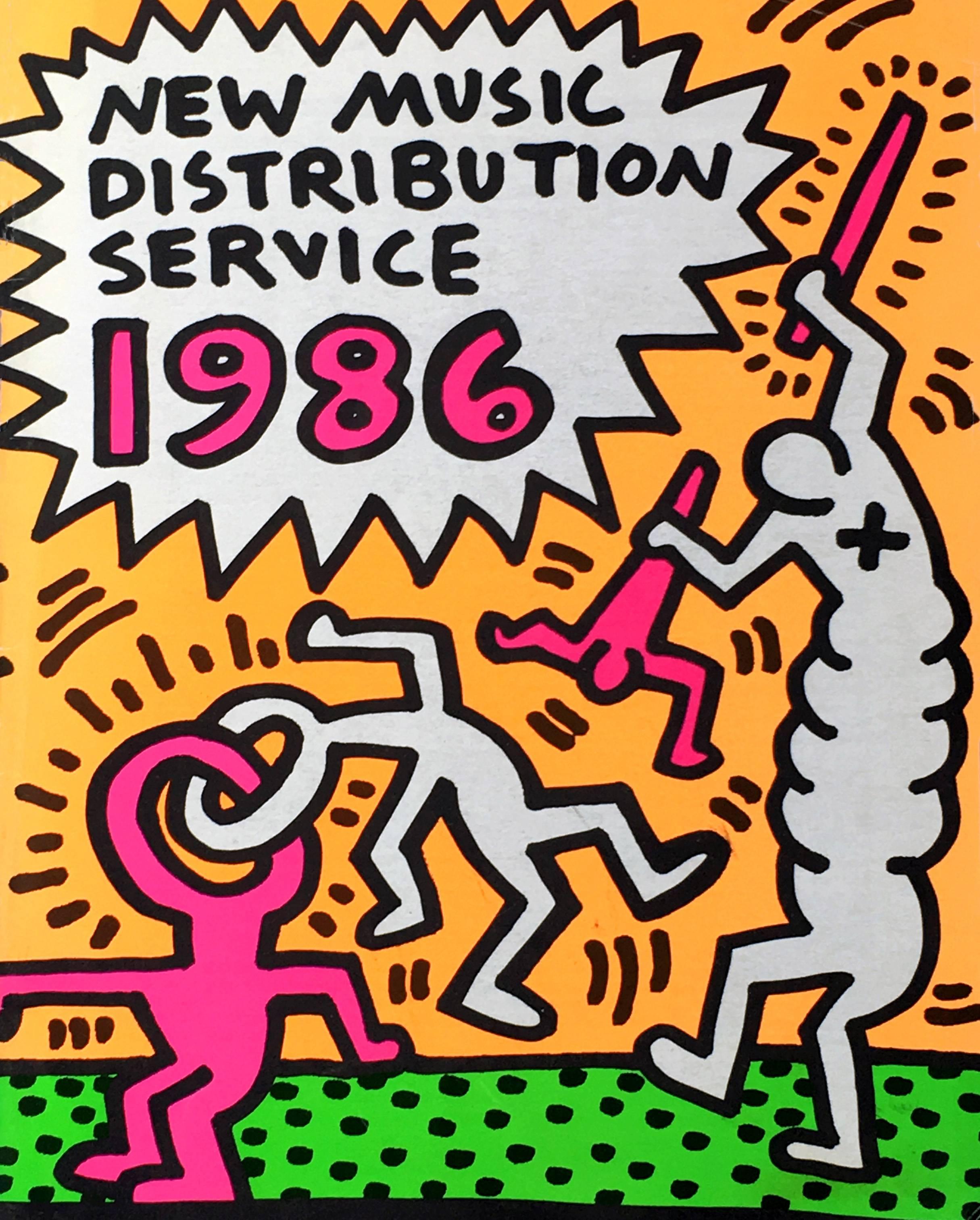 Keith Haring illustrated New Music Distribution Service catalog, 1986 
Rare 1980s music distribution catalog featuring striking, double-sided, off-set cover art by Keith Haring. A rare stand-out Haring collectible that would look fantastic framed.