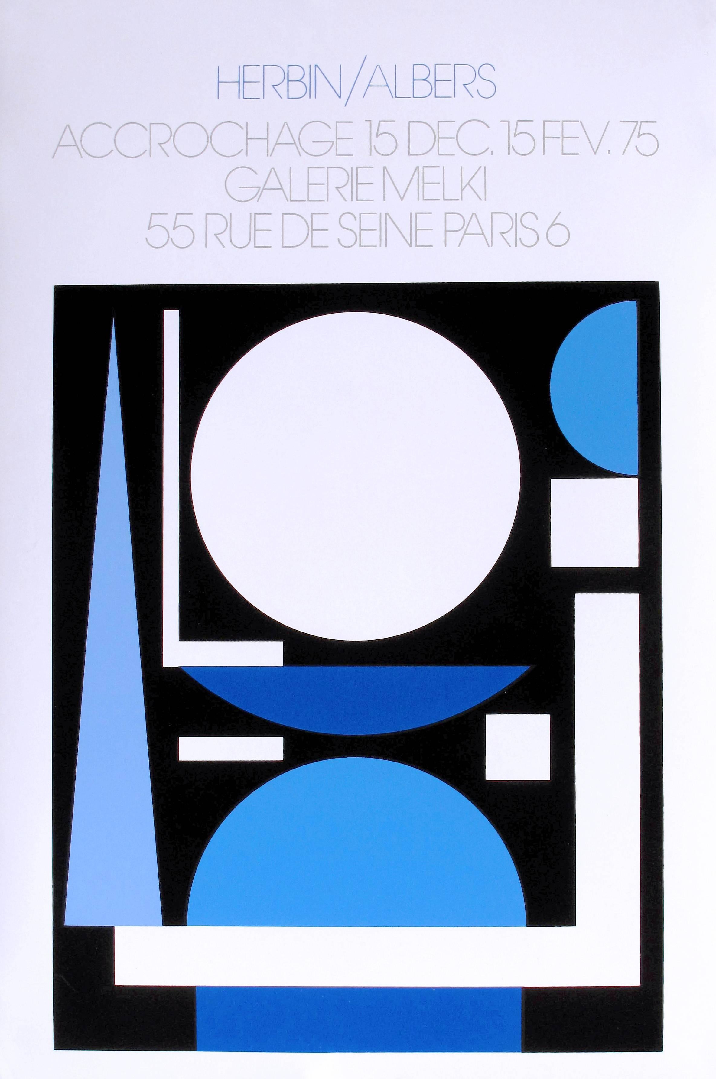 Auguste Herbin and Josef Albers, Galerie Melki, 1975
An original color screen print exhibition poster by Auguste Herbin titled published and printed in Paris for a unique joint exhibition at Galerie Melki in 1975. Rich, elegant vibrant bright colors