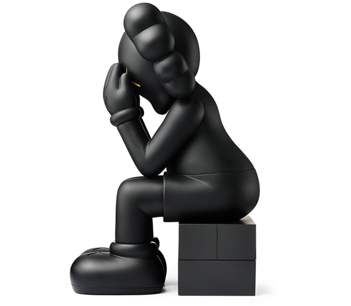 KAWS Black Companion Passing Through 2018. Black colorway. New and sealed in its original packaging. 
The most iconic of the KAWS Companions. Published by Kaws One, these figurines have since sold out.

Medium: Vinyl
Year: 2018
Dimensions: 8 × 3.4 ×
