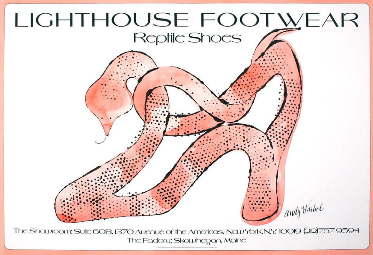 Vintage 1970s Andy Warhol poster
Original, vintage Warhol commissioned poster "Lighthouse Footwear Reptile Shoes," Offset lithograph, New York, NY, 1979. A beautiful, simple, elegant & well-sized original Warhol collectible priced well-within reach.