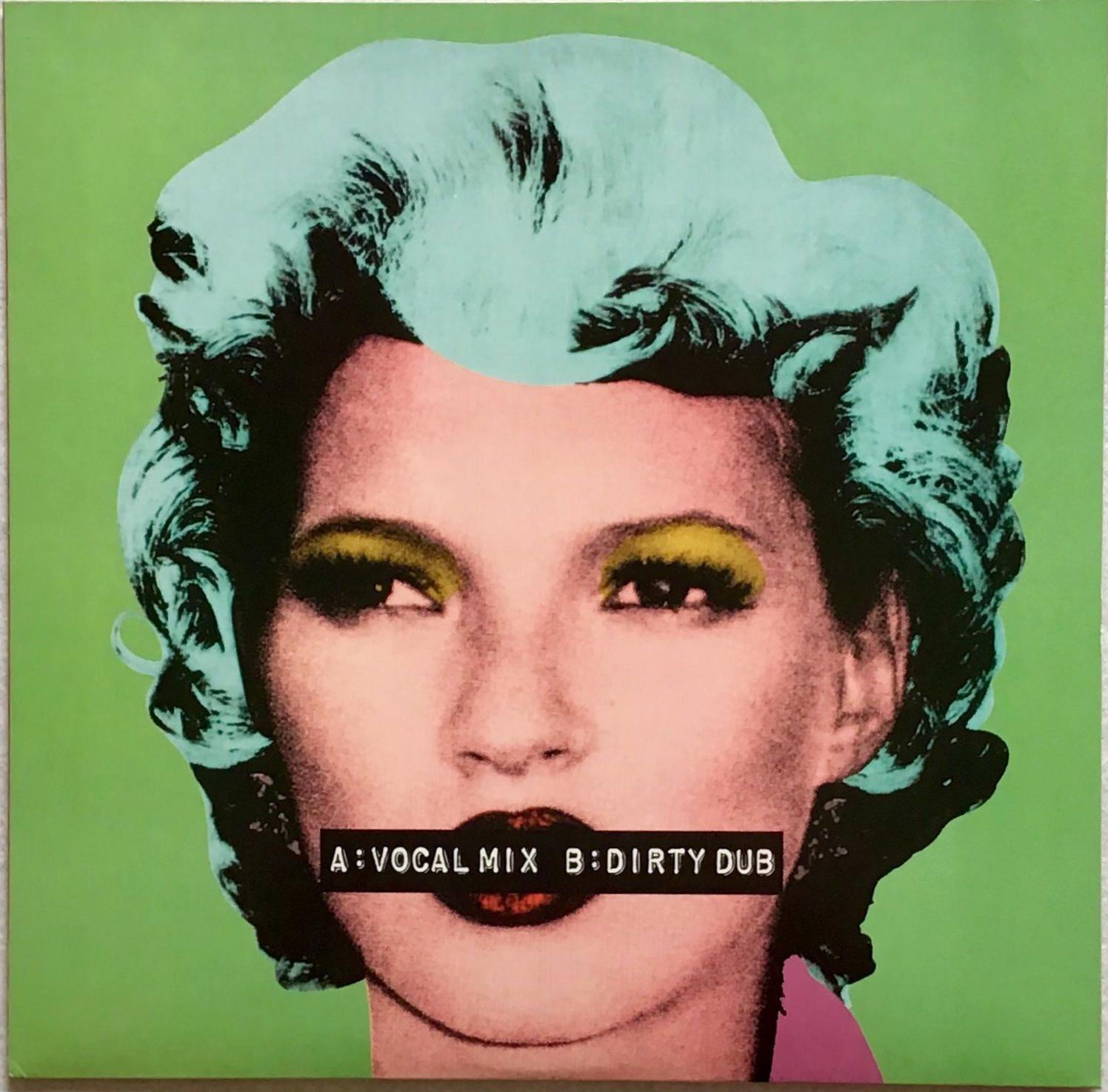 Banksy Kate Moss record art 
Banksy produced this cover & record label art for his friends Dirty Funker in 2006. Featured here is an off-set image of Banksy's world renown Kate Moss screen print illustrated on a double-side cover and record label.