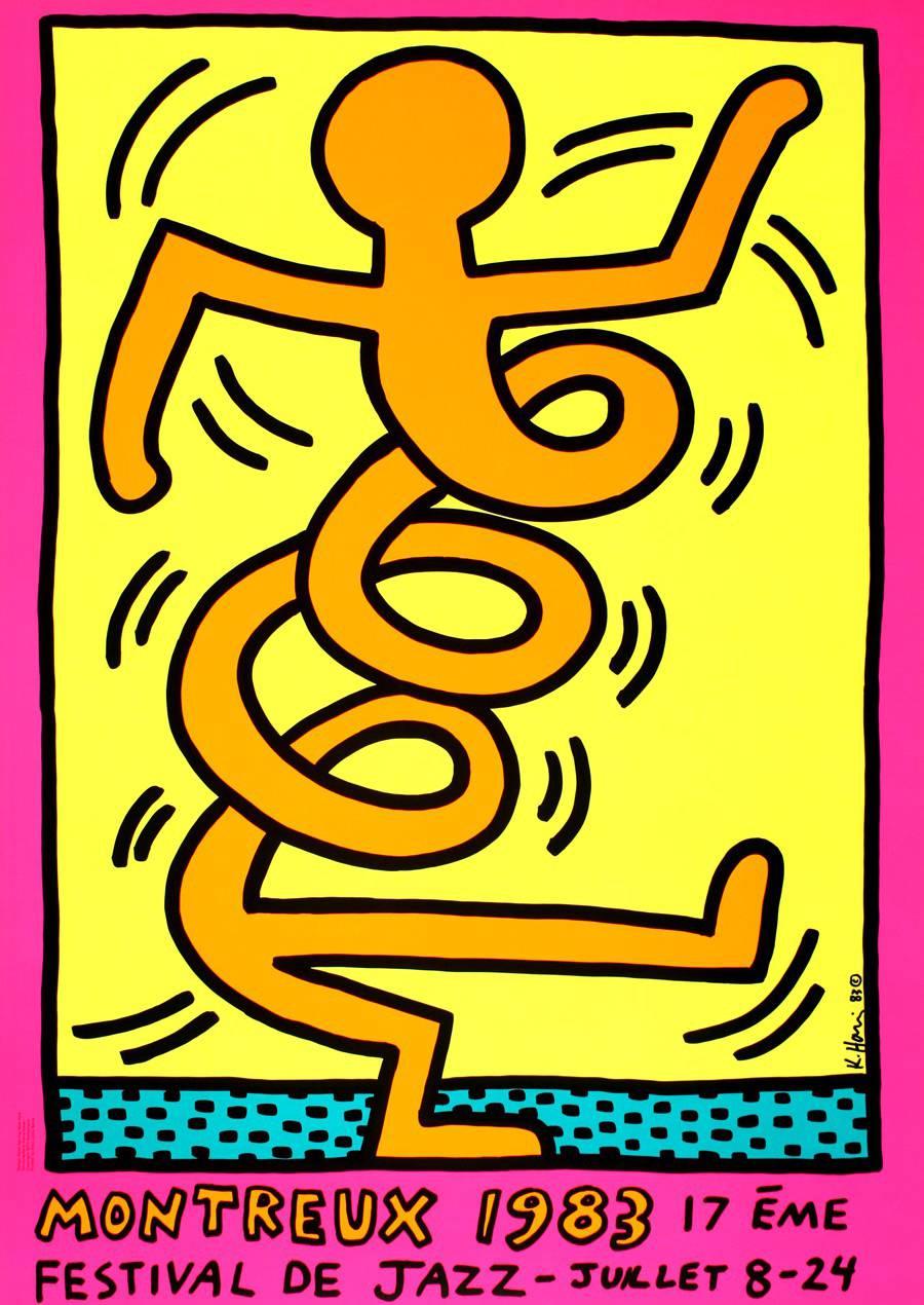 Keith Haring Montreux Jazz Serigraph 
Montreux Jazz Festival, Switzerland, 1983. 

Serigraph in colors; bold, crisp colors 
27 x 39 inches (70 x 100 cm)
Printed signature lower right 
Minor signs of handling; otherwise good to very good condition 
A
