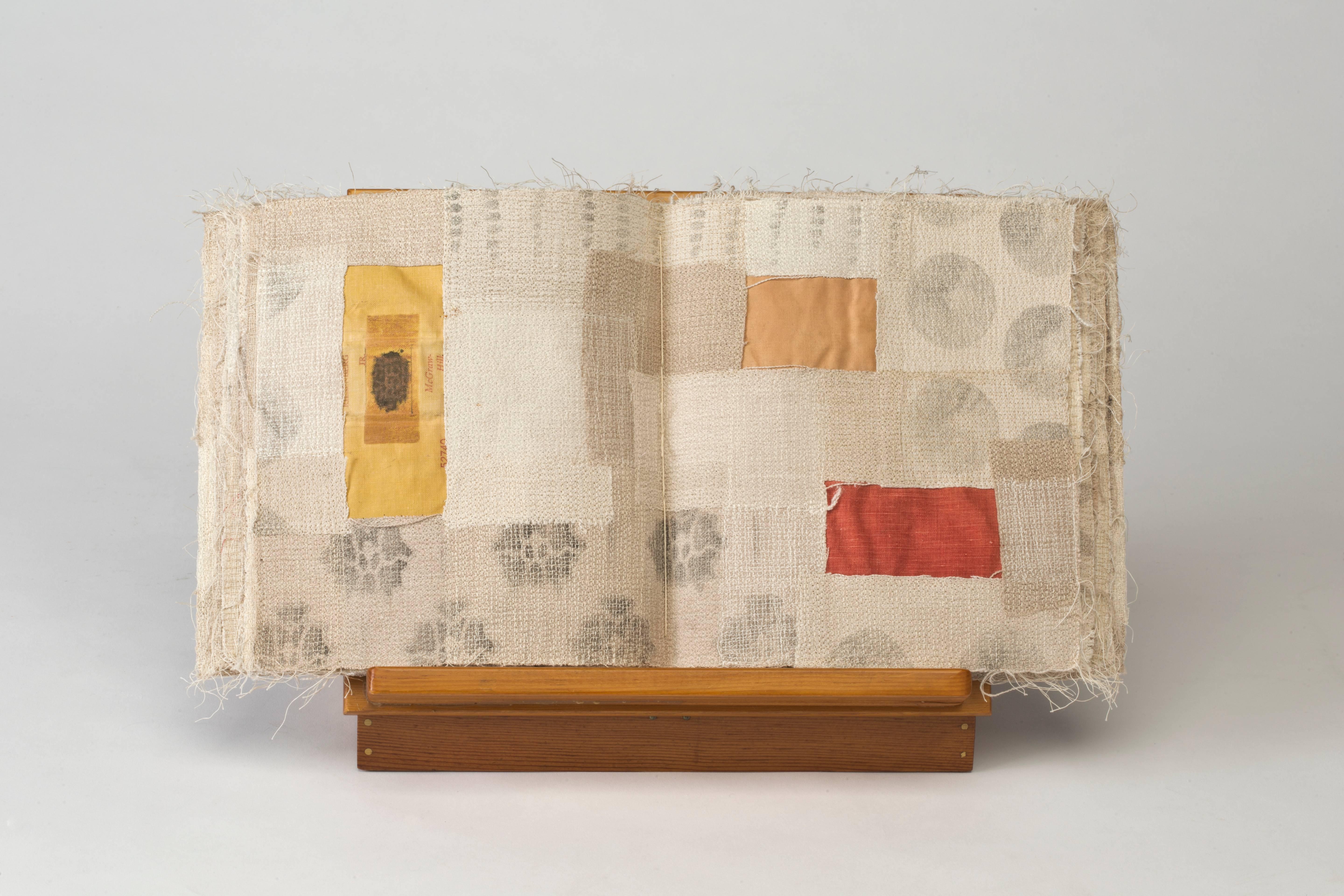 Lin européen ancien, toile de bibliothèque provenant de livres mis au rebut, pochoirs, fil, mull, teinture de noix et reliure au point long. Comprend une boîte à clapet personnalisée.