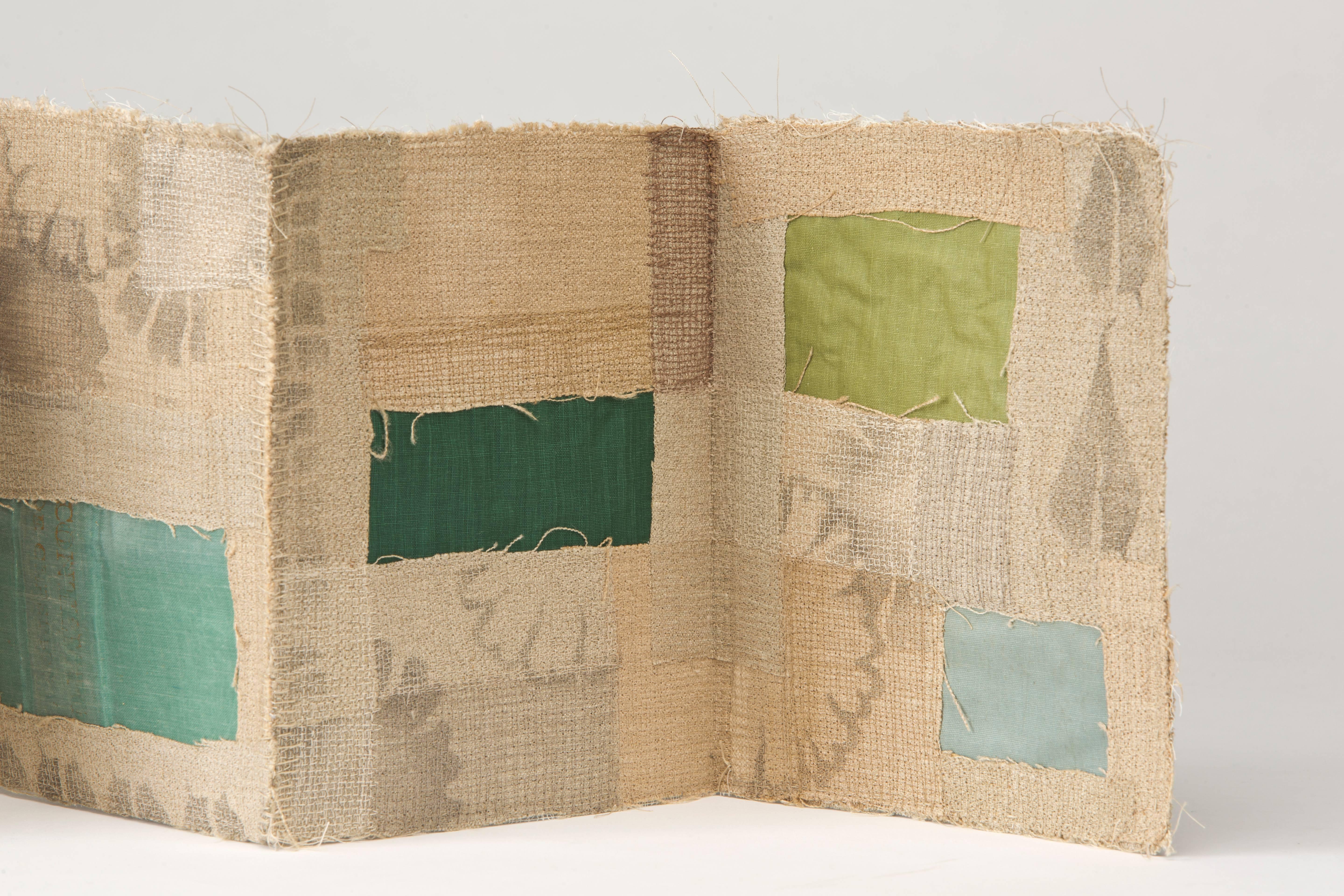 Reclaimed linen, bookcloth from discarded library books, stencils, thread, mull, and custom made clamshell box.