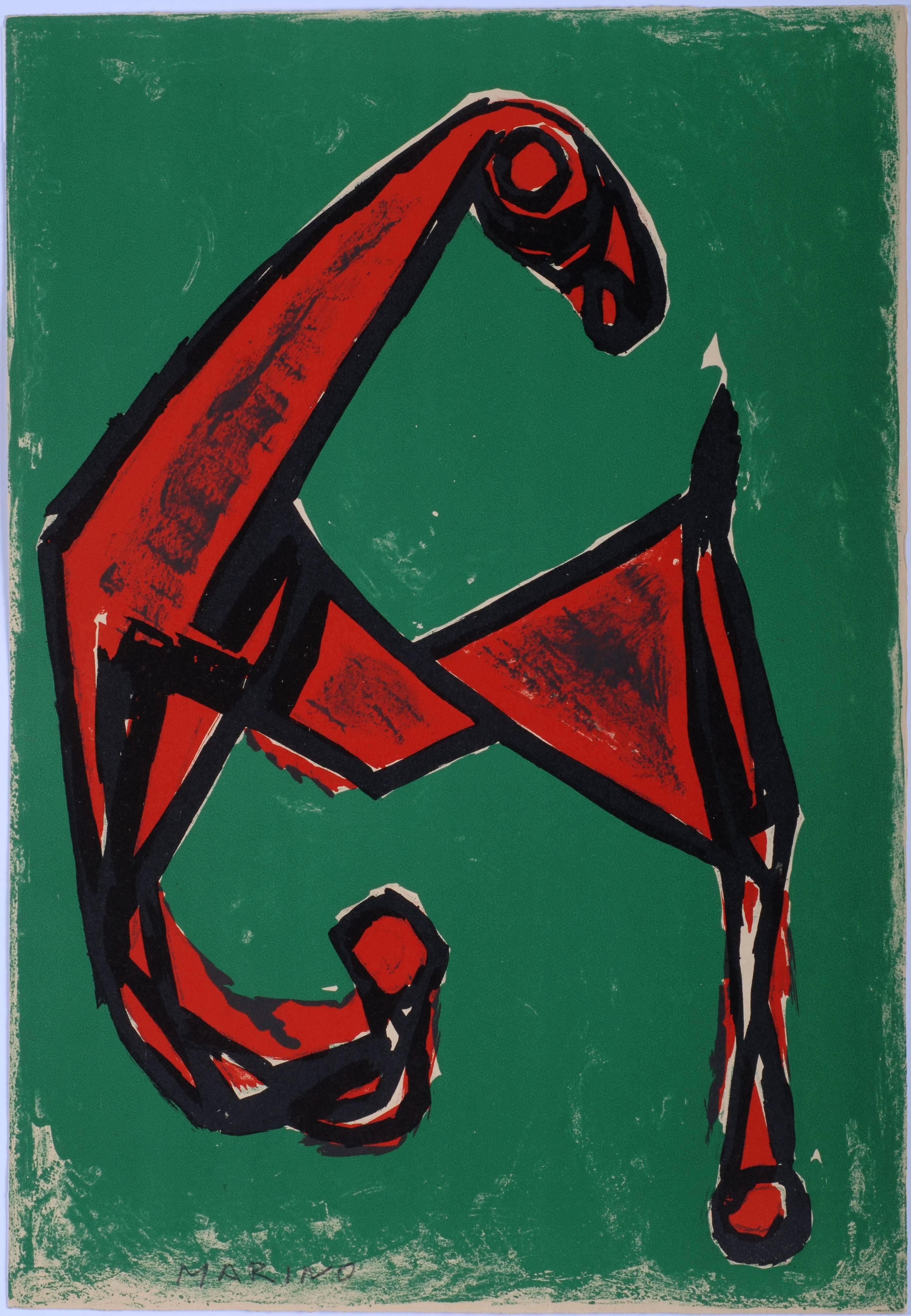 Marino Marini Animal Print - Cheval Rouge sur Font Vert