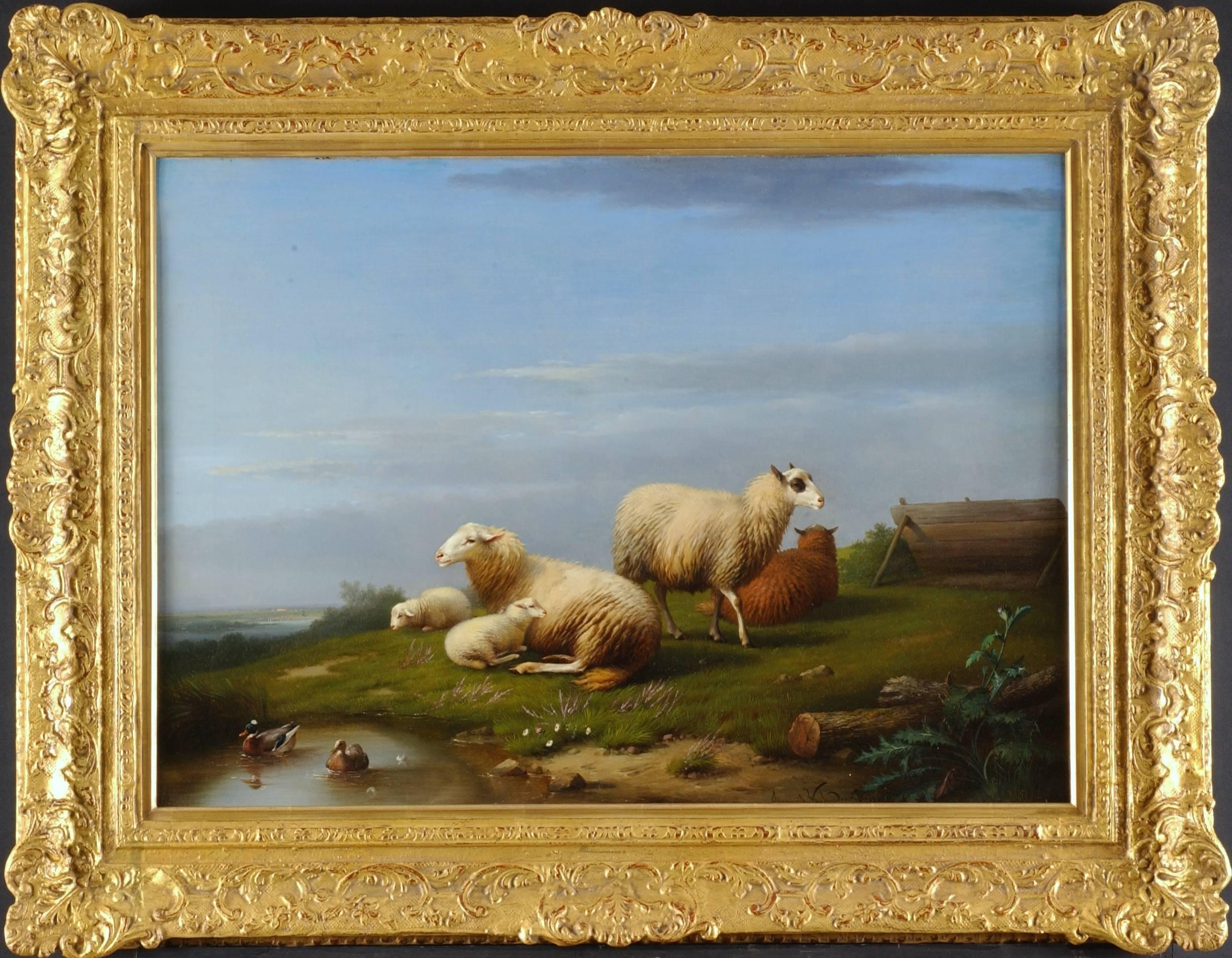 Francois Van Severdonck Landscape Painting - Sheep and Ducks