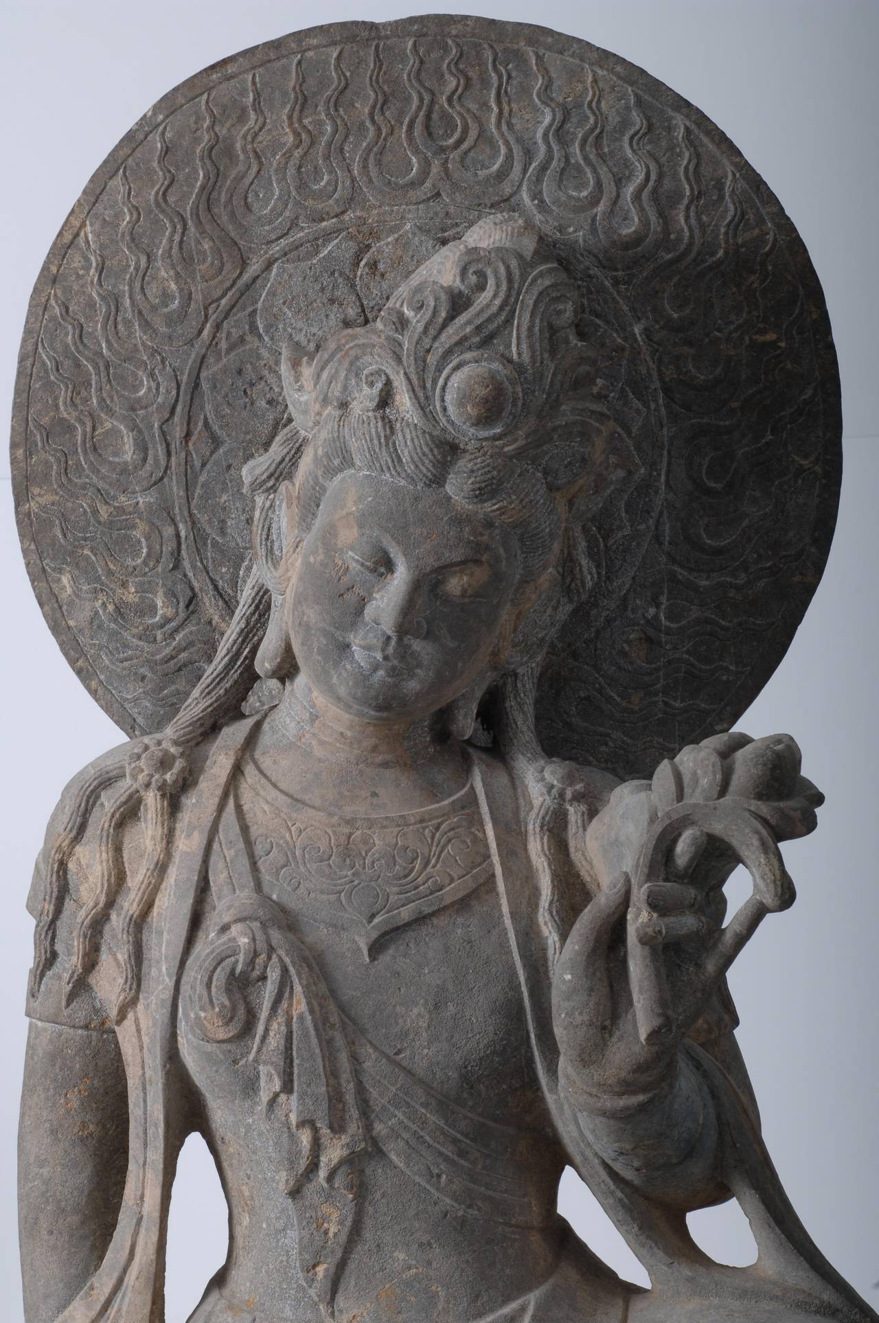 Chinese Stone Votive Stele of a Bodhisattva (Possibly Manjusri)