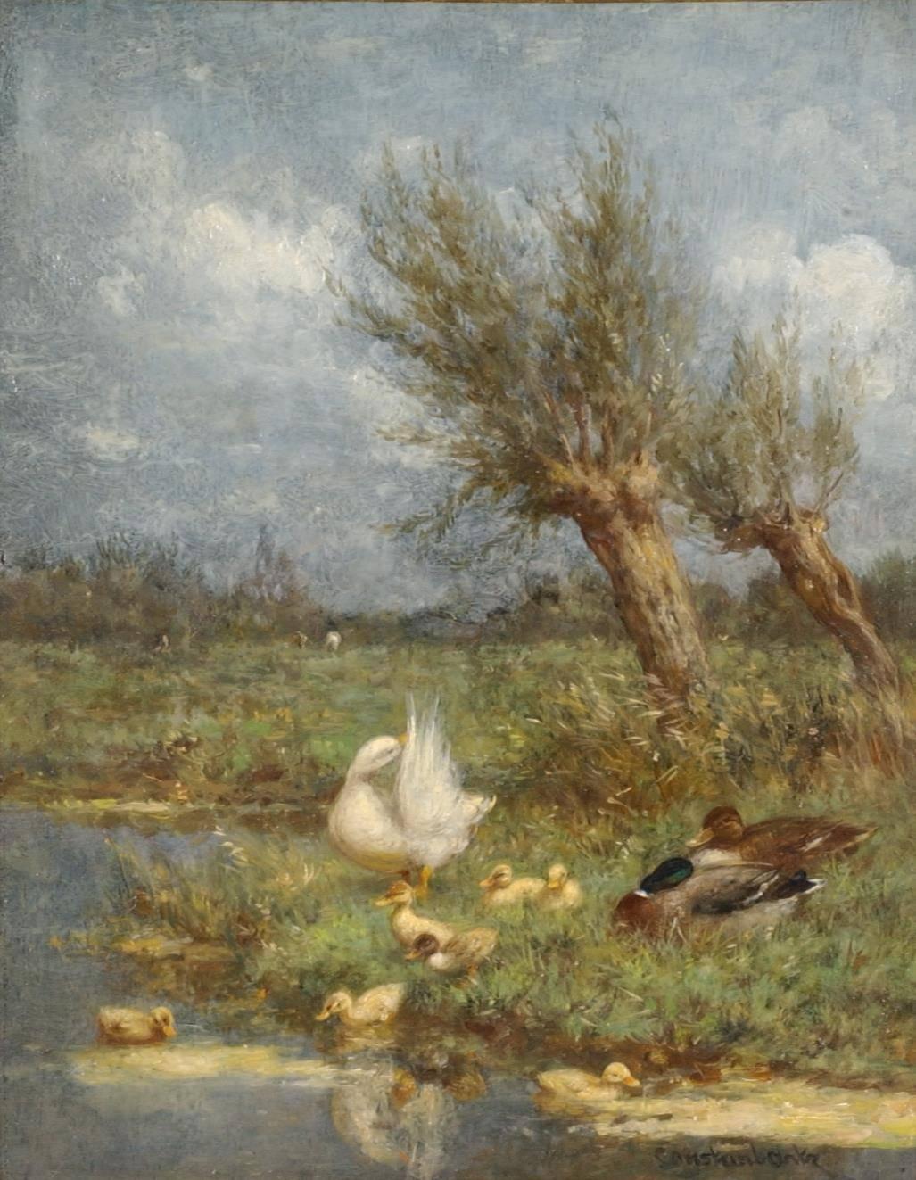 Constant David Ludovic Artz Landscape Painting - Ducks on Riverbank