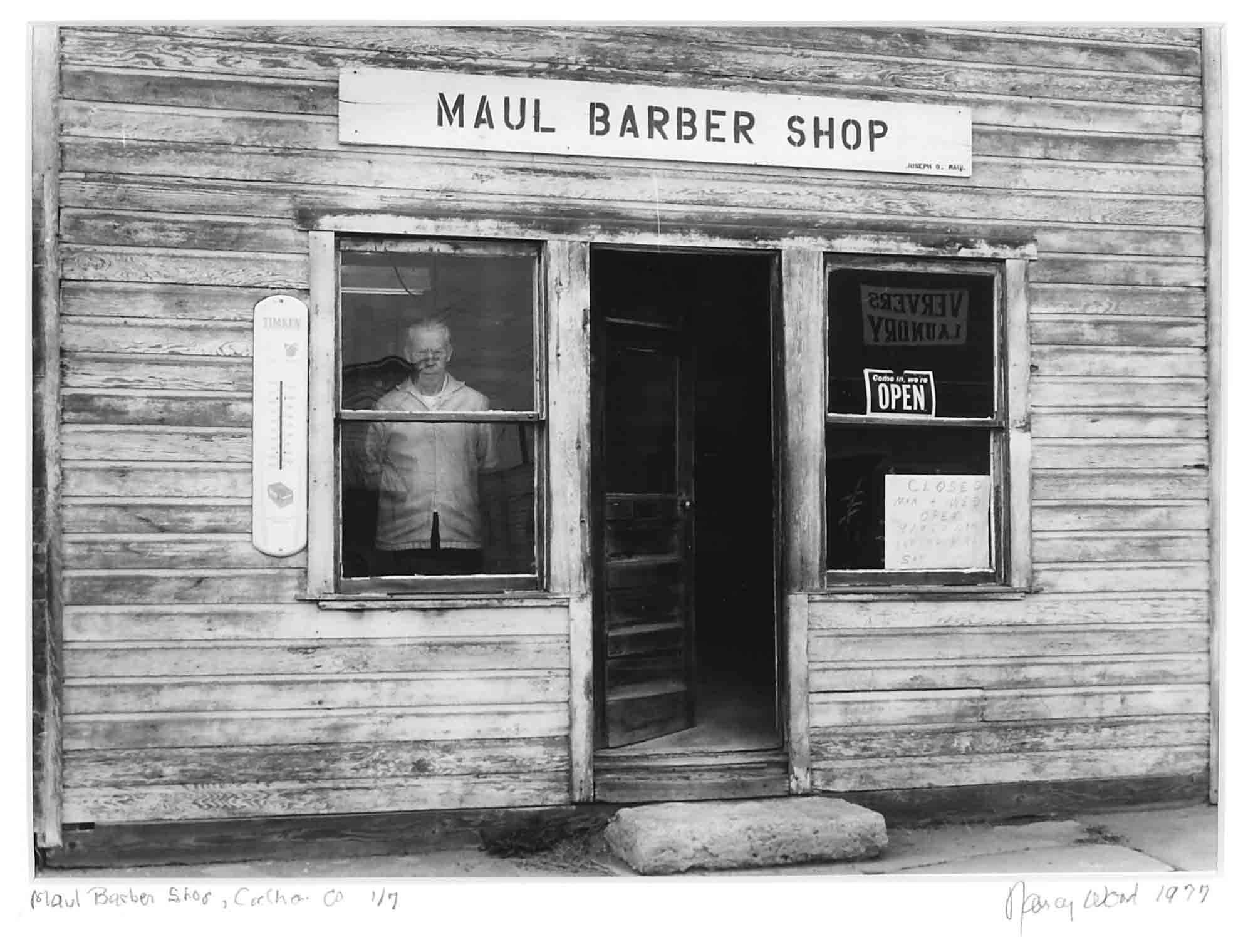 Nancy Wood Landscape Photograph - Maul Barbershop, Calhan, CO, 1/7, 1977 