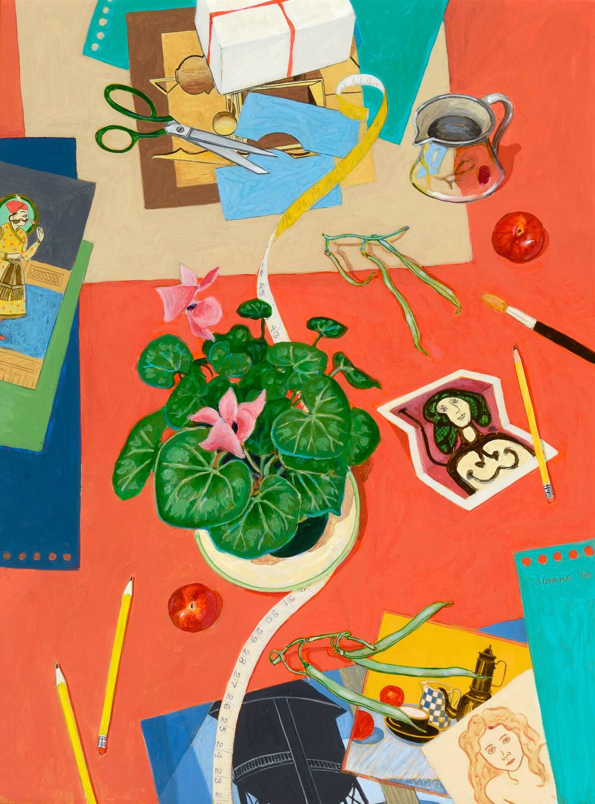Phyllis Sloane Still-Life Painting - Still Life with Folded Picasso, 1999