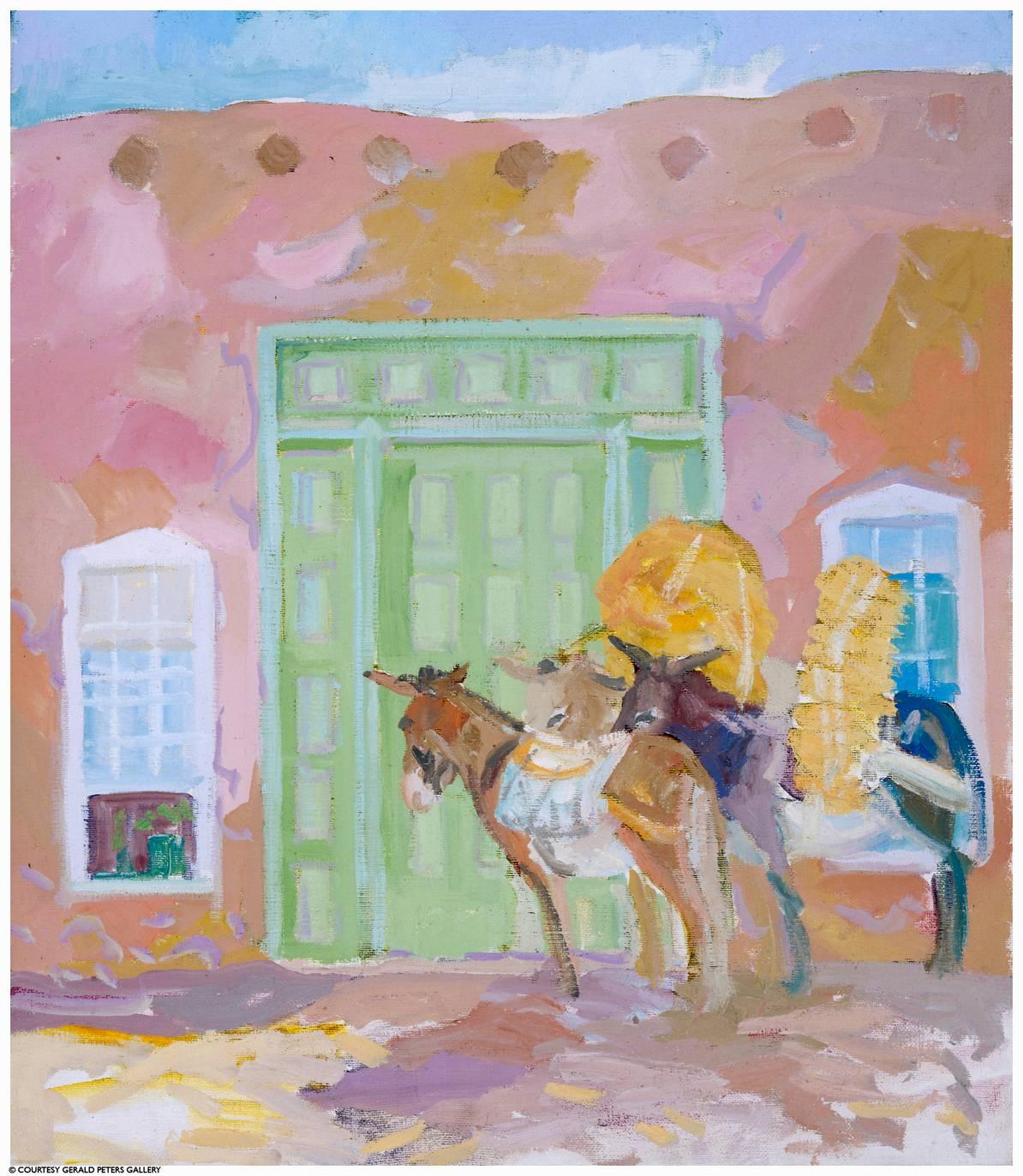 Albert Krehbiel Animal Painting - Pack Mules at Green Door