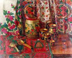 Vintage Khokhloma: Russian wooden Kitchenware against a Background of traditional Shawls