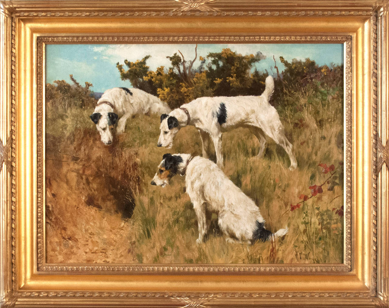 Arthur Wardle Animal Painting - Dog, Three Wire Fox Terriers