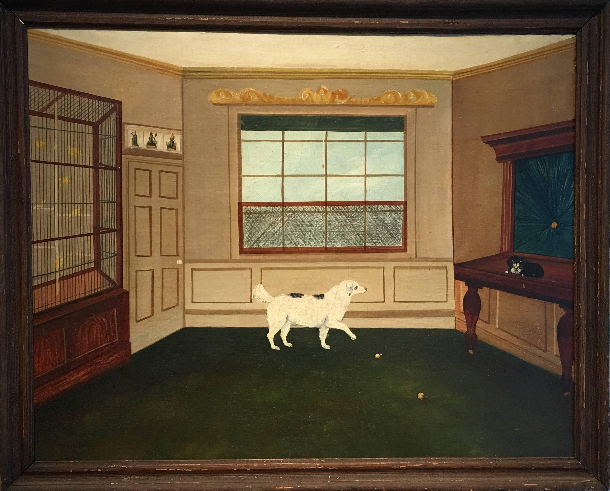 Unknown Animal Painting - Dog in an Interior with a Cat and Canaries, 1844