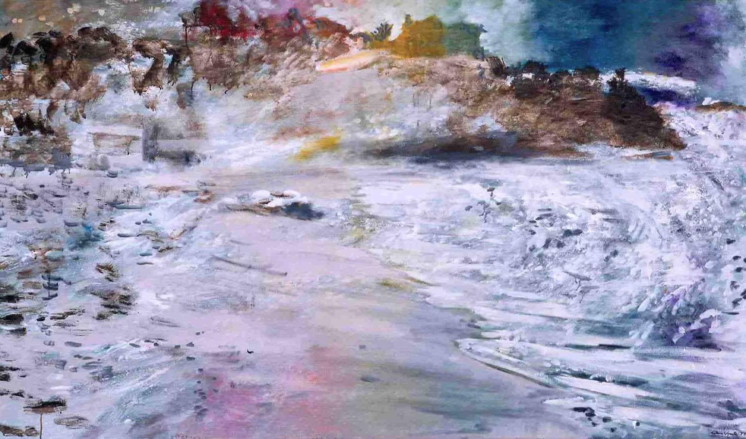 Antonio Ugarte Abstract Painting - Caruao Beach- white, blue, pink 47 X 78