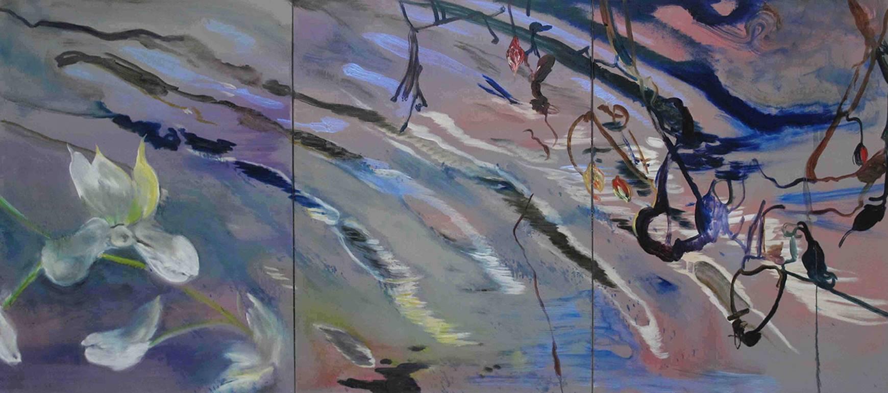 Antonio Ugarte Landscape Art - Violet Organic Water Triptych 48 X 108