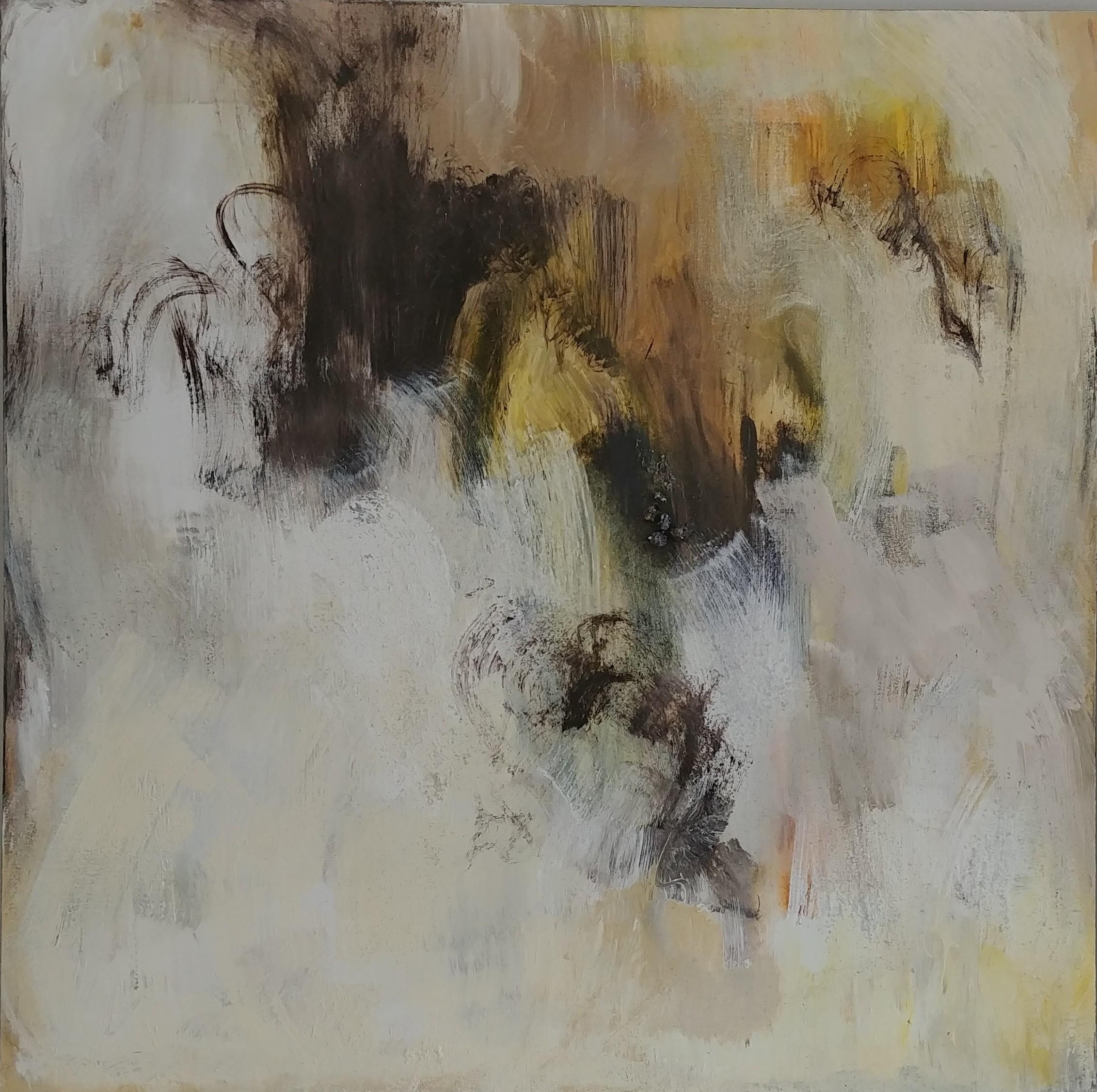 Dream Catcher I- White, black and gold 48 X 48 - Painting by Nancy Seibert