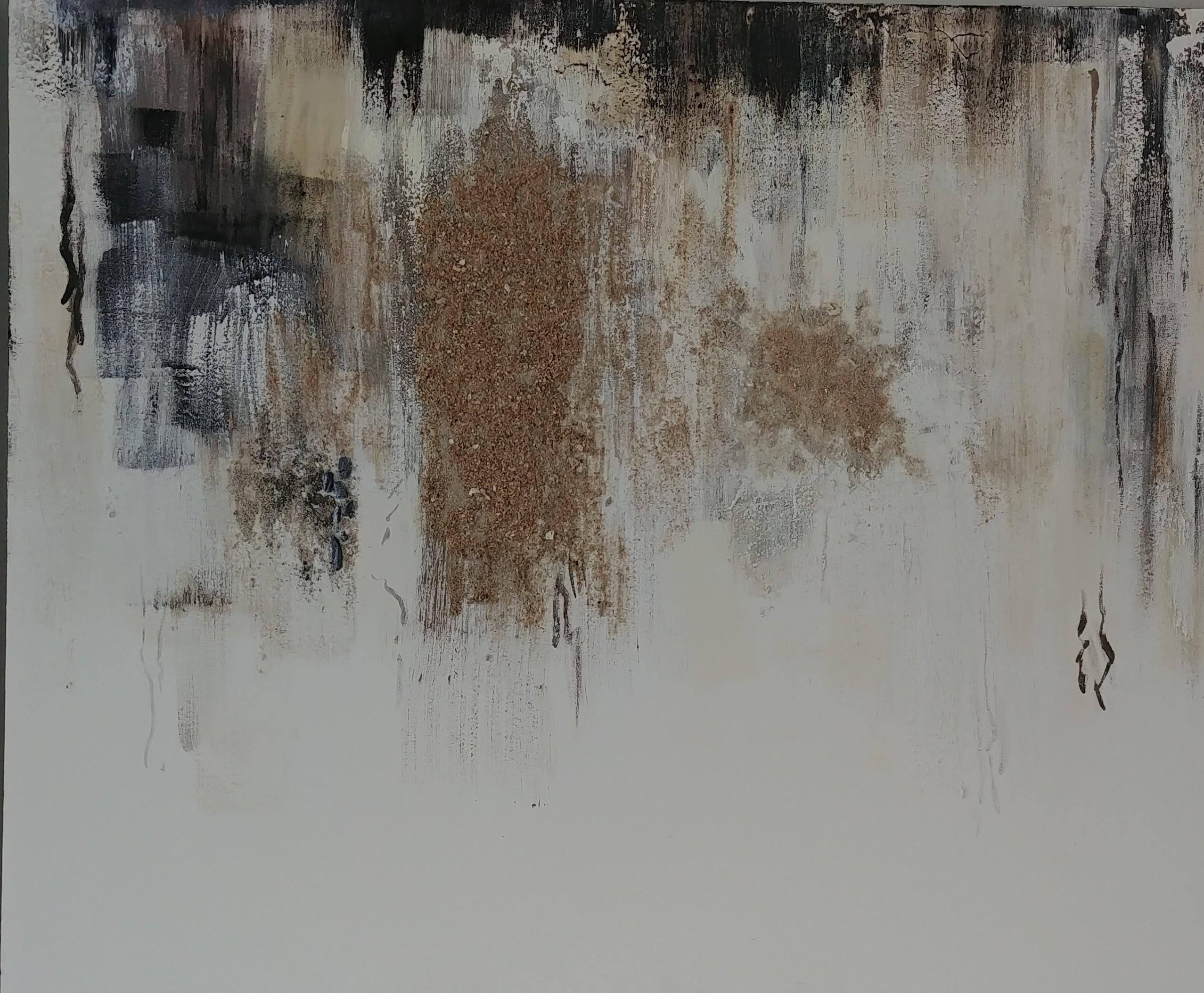 Shimmering Sand-white, grey, black, brown 48 X 60 - Painting by Nancy Seibert