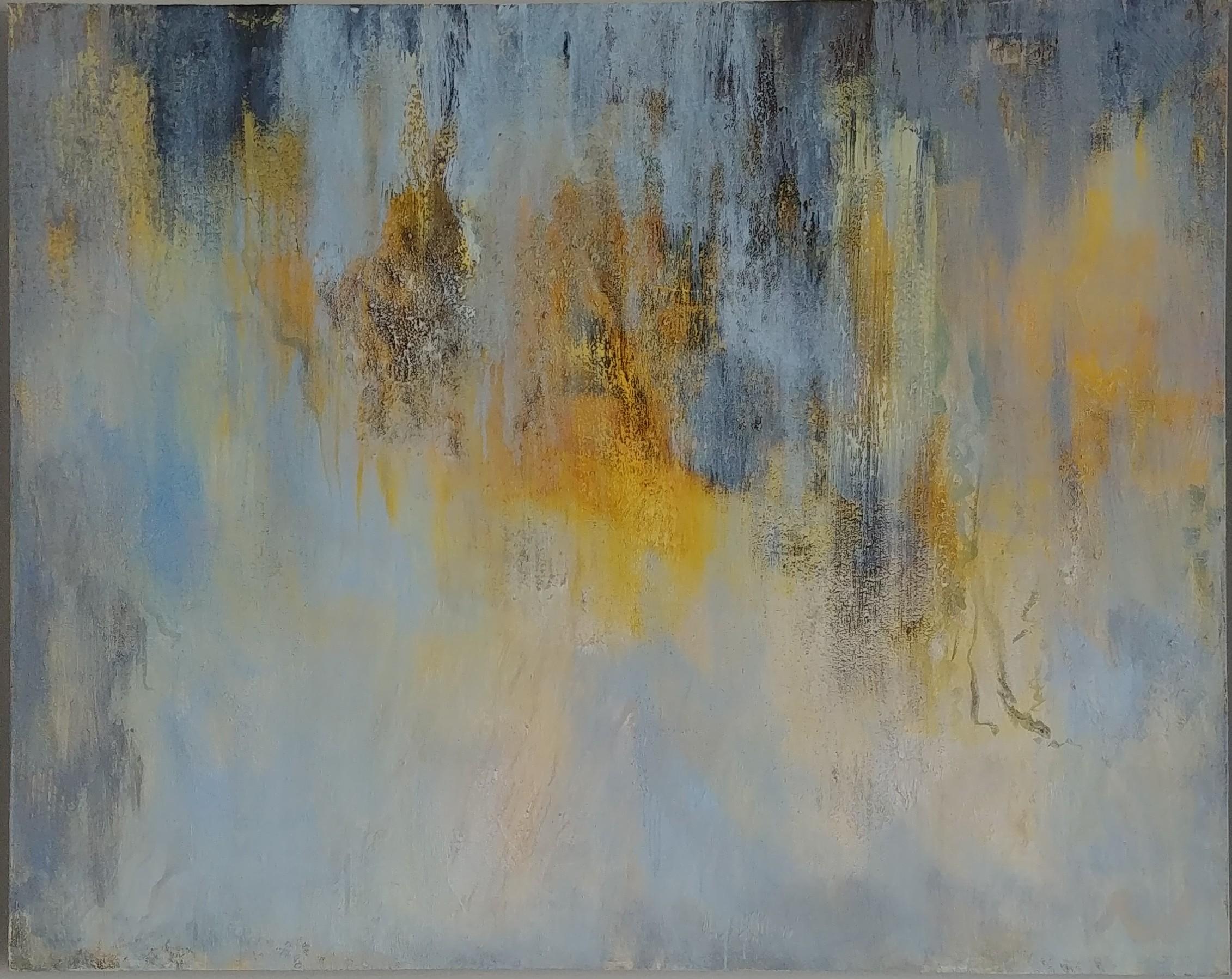 Sunrise Sunset- Blues, cream and gold 48 X 60 - Painting by Nancy Seibert