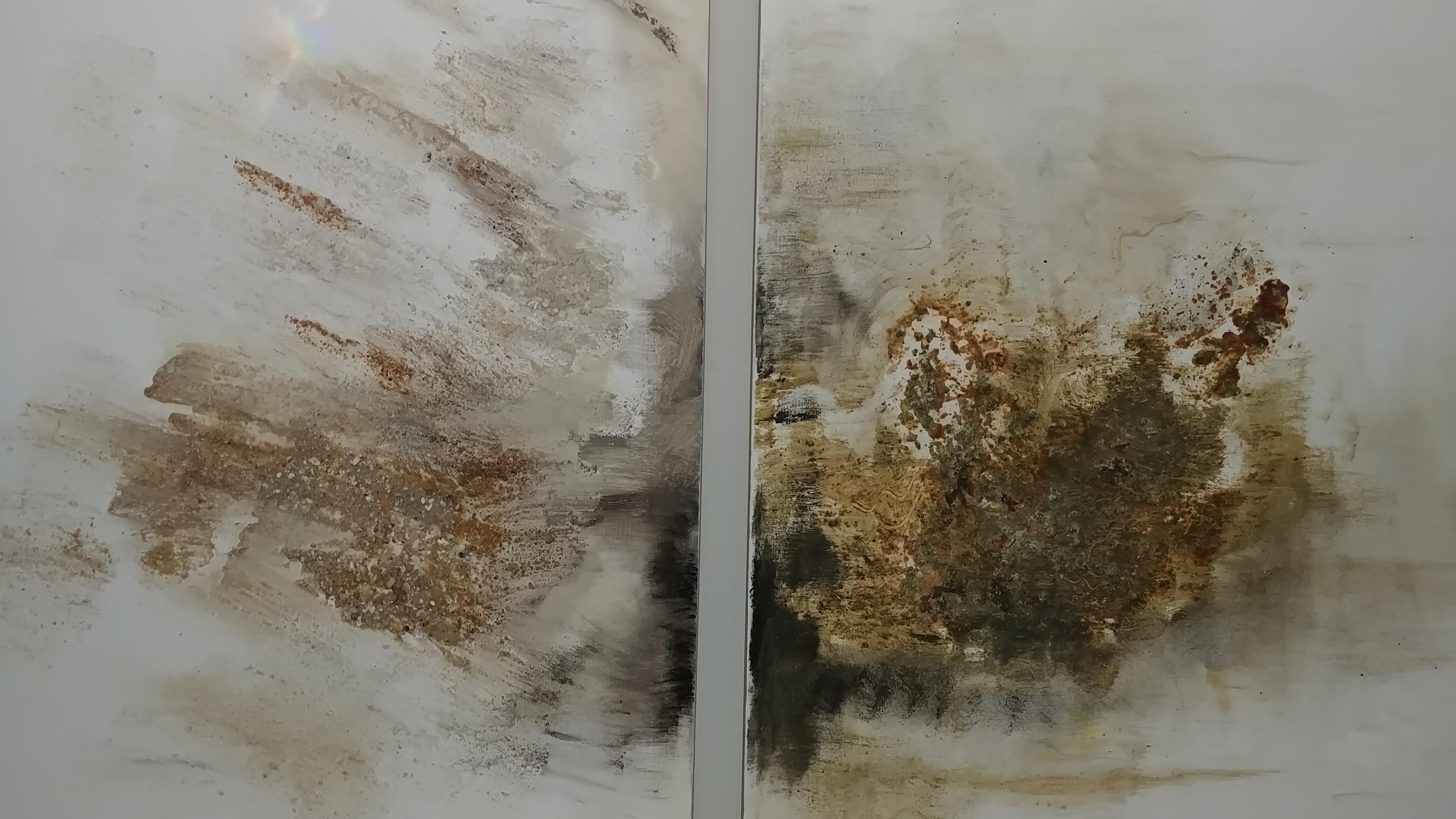 Black Gold- Abstract diptych 48 X 96 Mixed Media  - Painting by Nancy Seibert