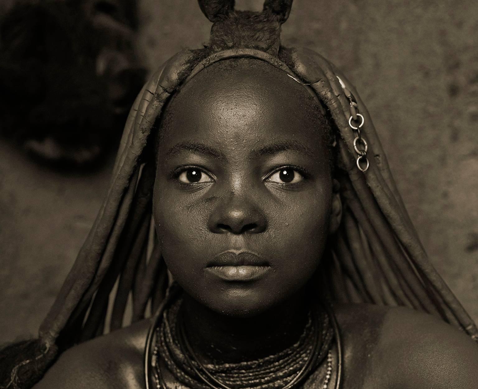 Himba Woman Epupa Falls 14 - Black Portrait Photograph by Chris Gordaneer