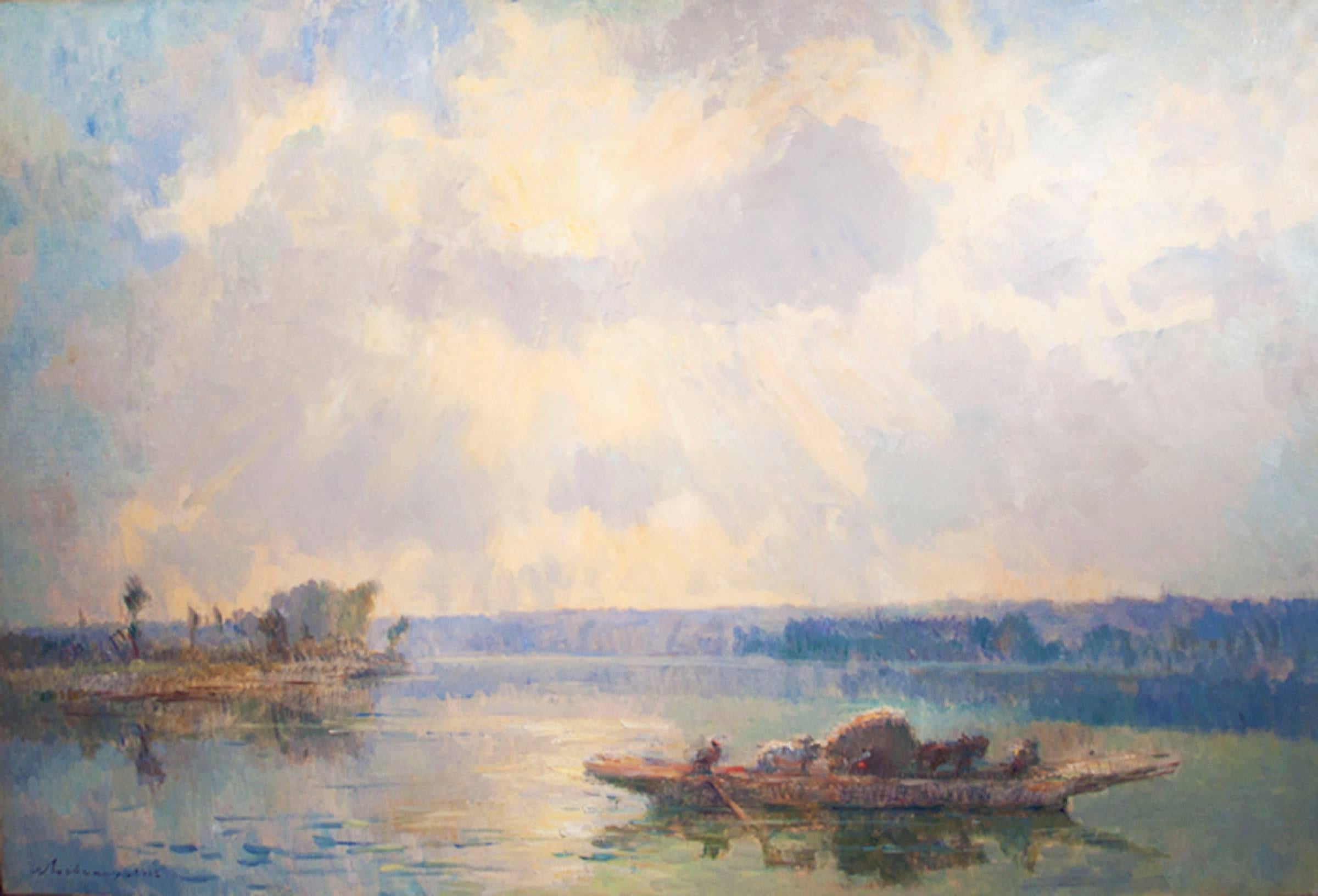 Albert Lebourg Landscape Painting - Ferryboat from La Bouille, Morning (Le Bac de la Bouille, le matin)