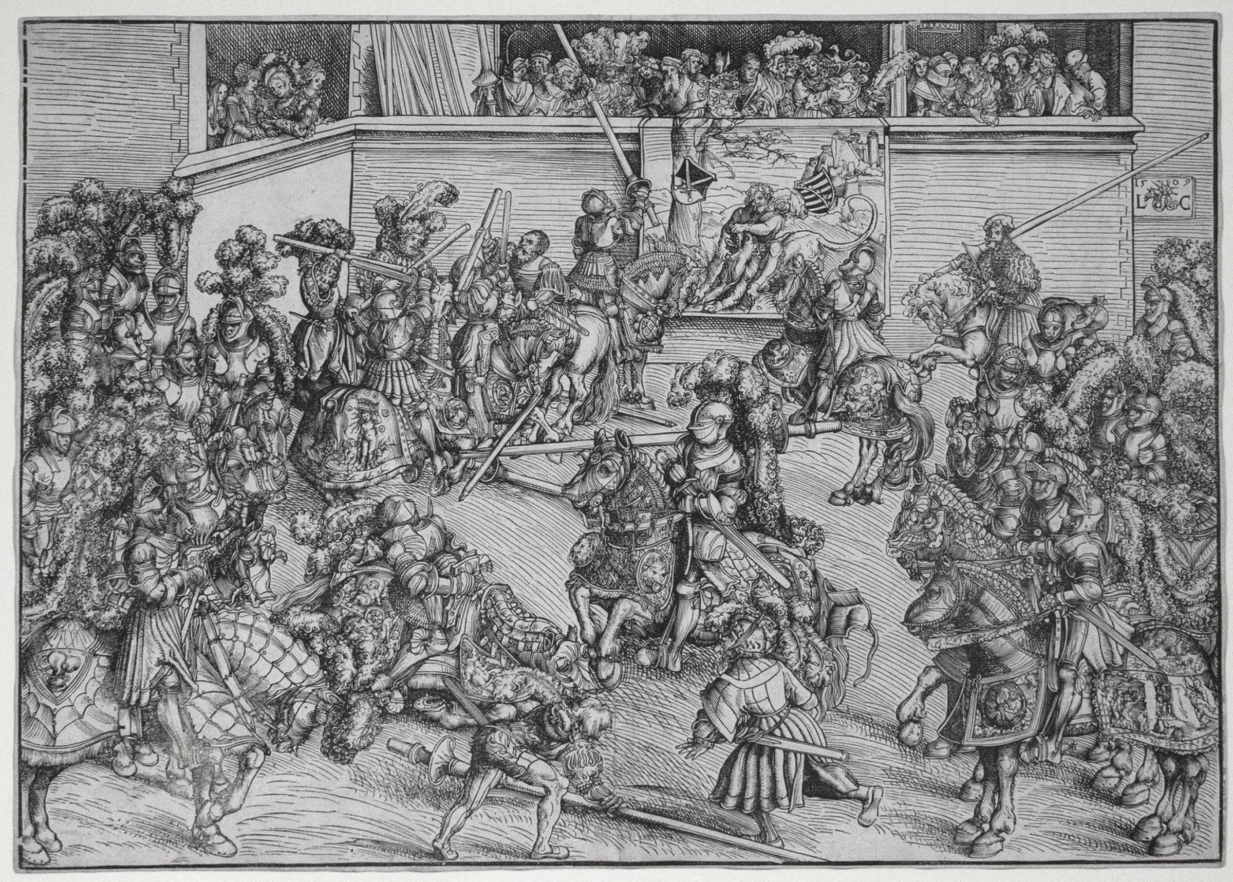 Print Lucas Cranach the Elder - Le deuxième tournoi avec la tapisserie de Samson et le lion