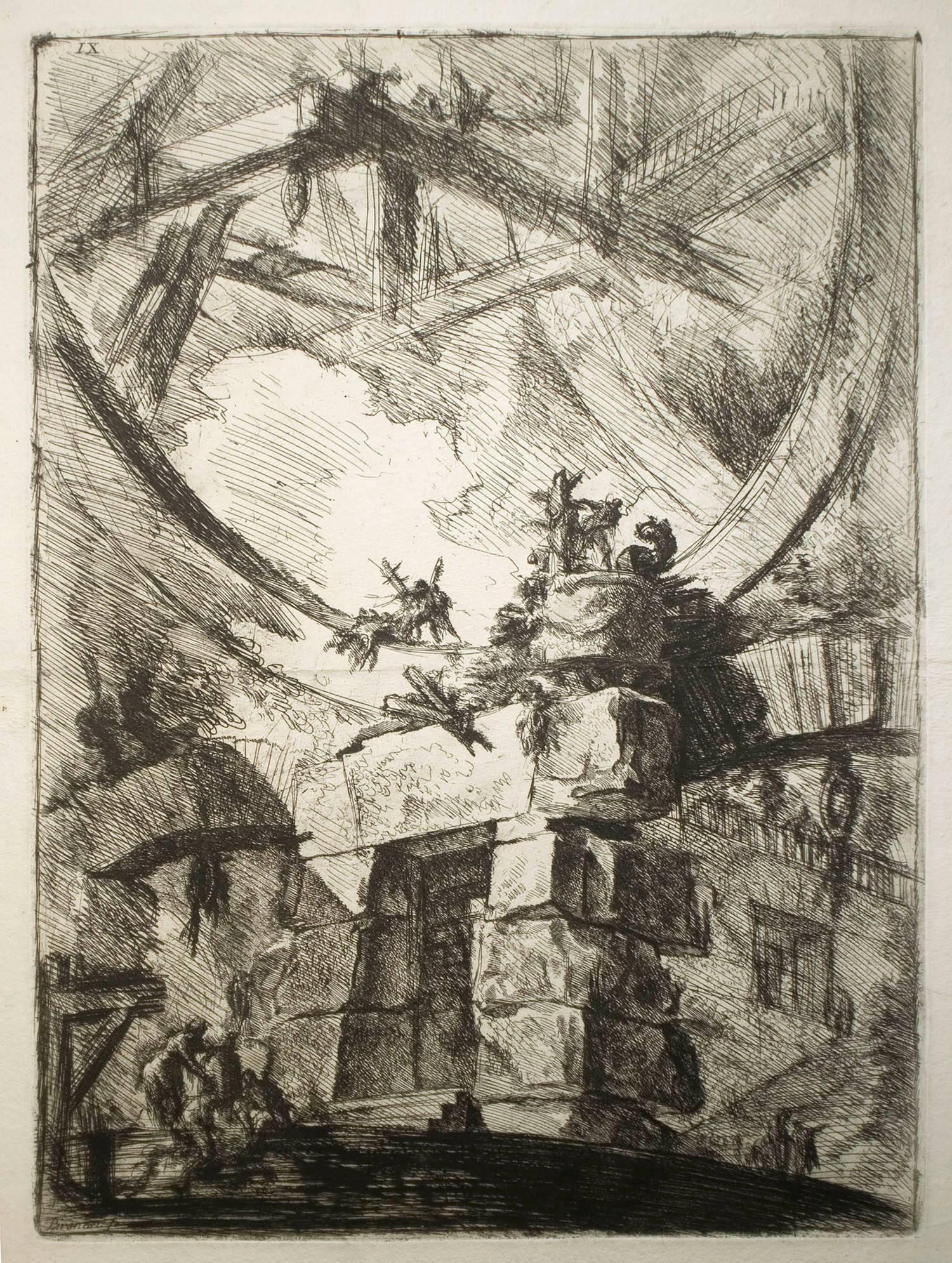 Giovanni Battista Piranesi Interior Print – Das Riesige Rad (Carceri IX), (2. Platte)