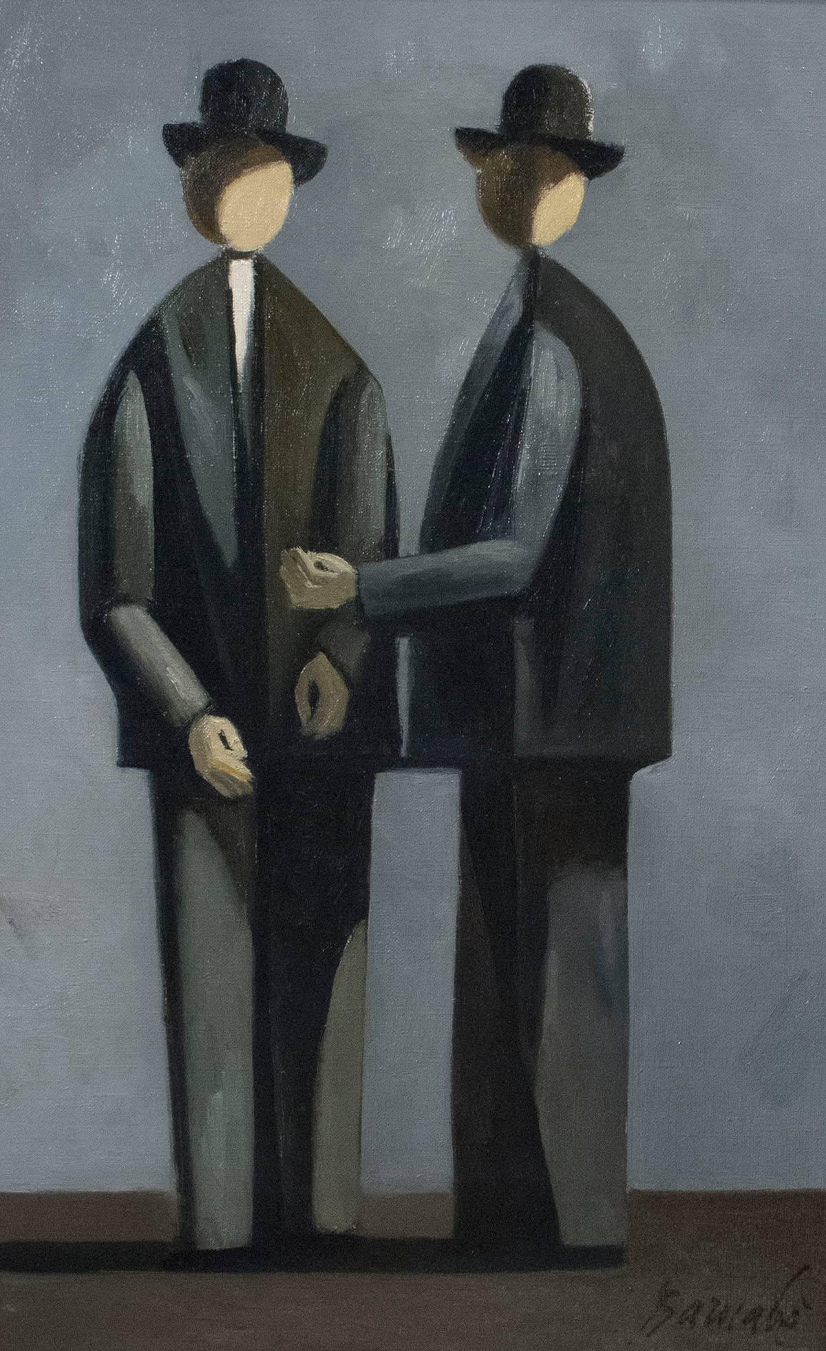 Duilio Barnabé Figurative Painting - Two Men with Melon Hats (Deux Hommes au Chapeau Melon)