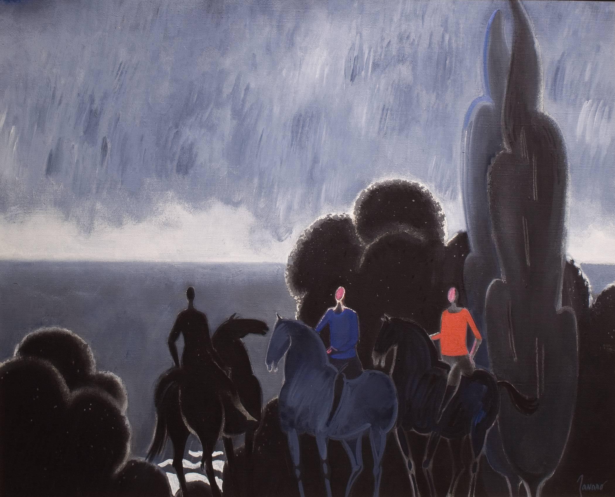 Landscape Painting Albert Zavaro - Approaching Storm : Horsemen on Normandy Beach (Les chevaux sur la plage de Normandie)