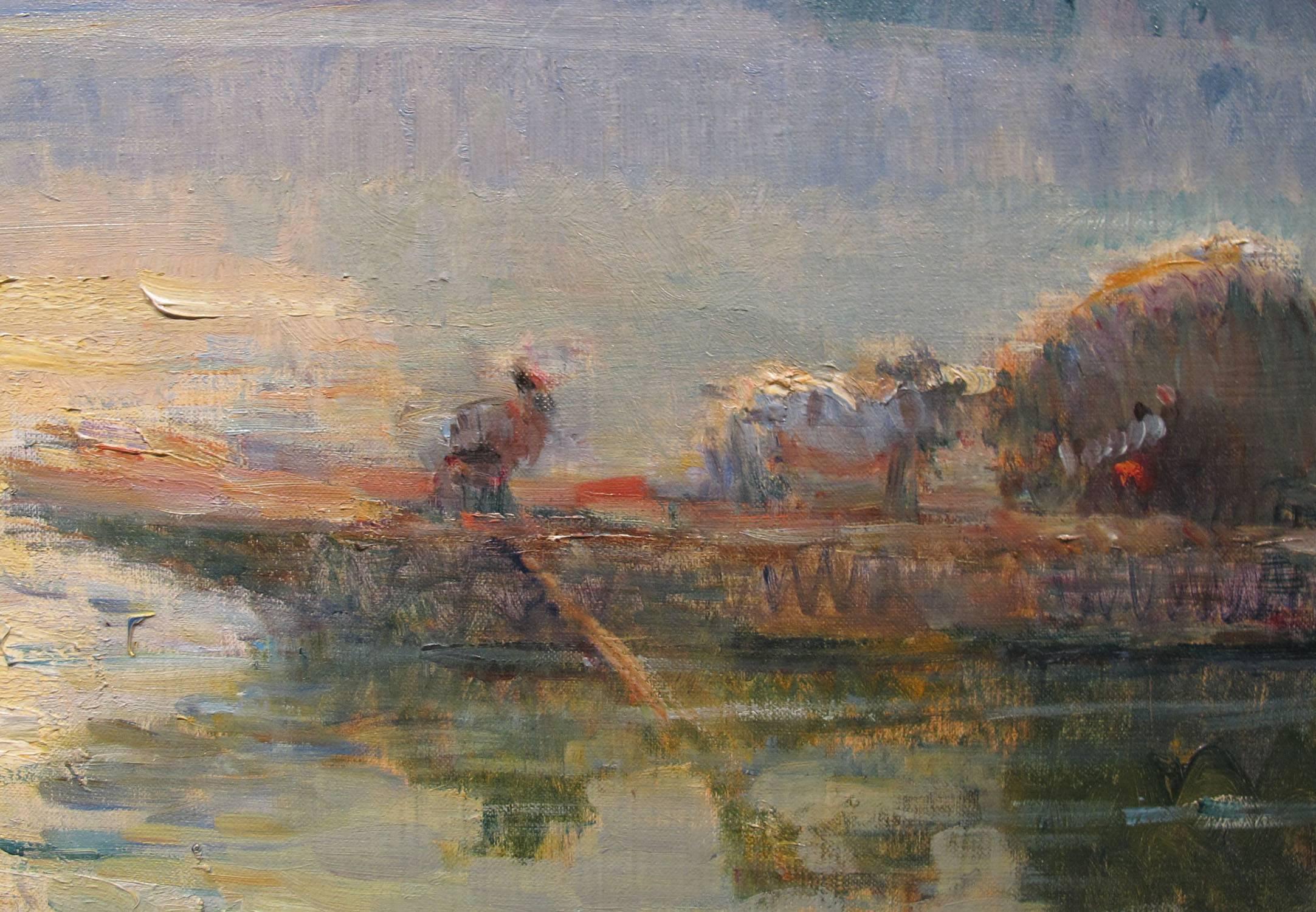 Ferryboat from La Bouille, Morning (Le Bac de la Bouille, le matin) - Impressionnisme Painting par Albert Lebourg
