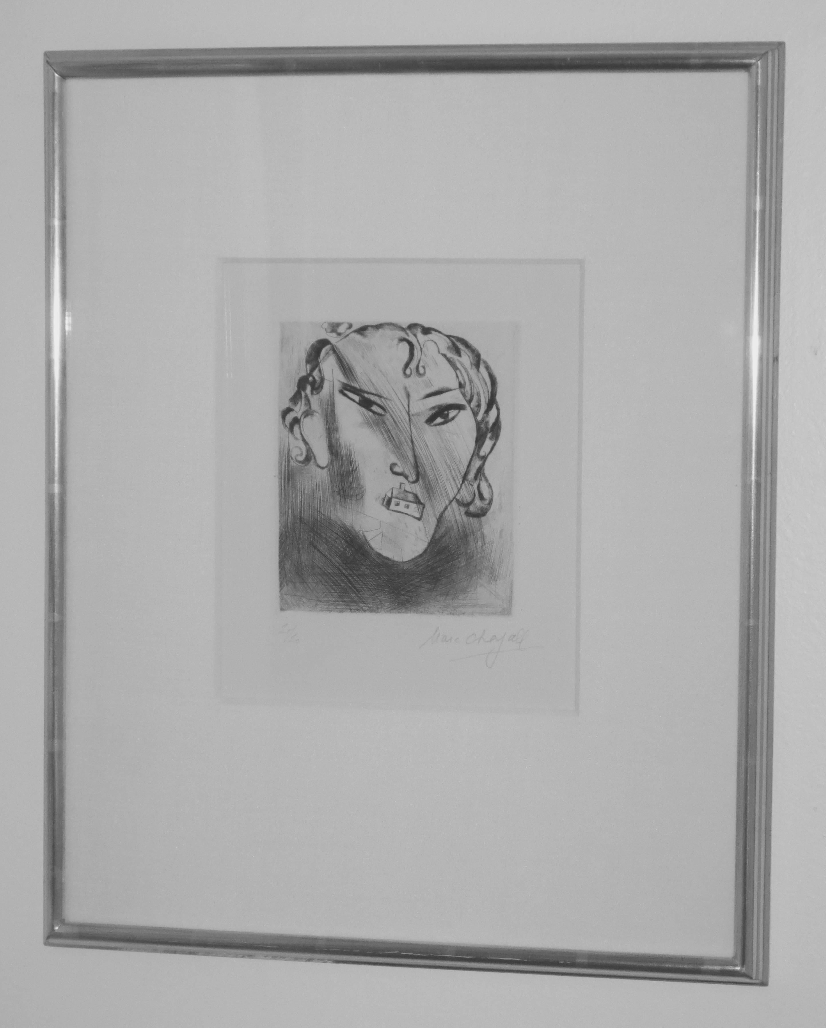 Selbstbildnis mit Haus im Gesicht - Gray Figurative Print by Marc Chagall