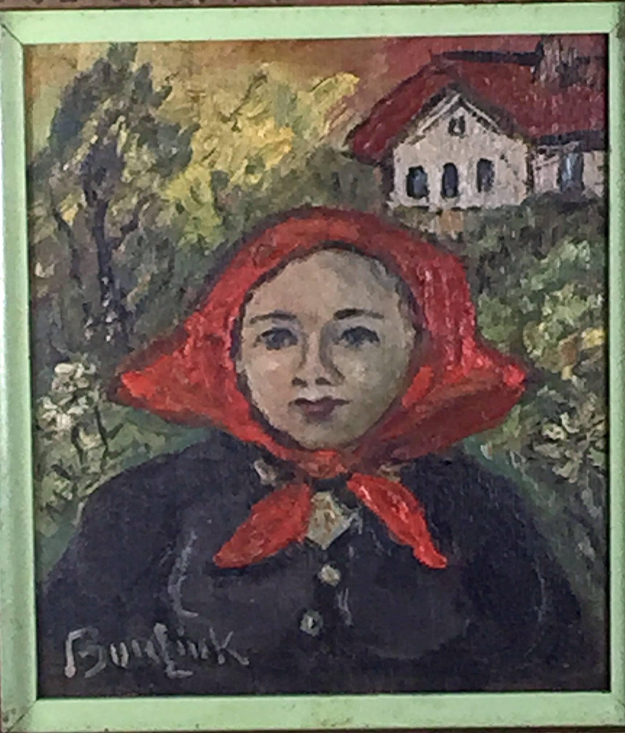 David Burliuk Portrait Painting - WOMAN WITH RED KERCHIEF