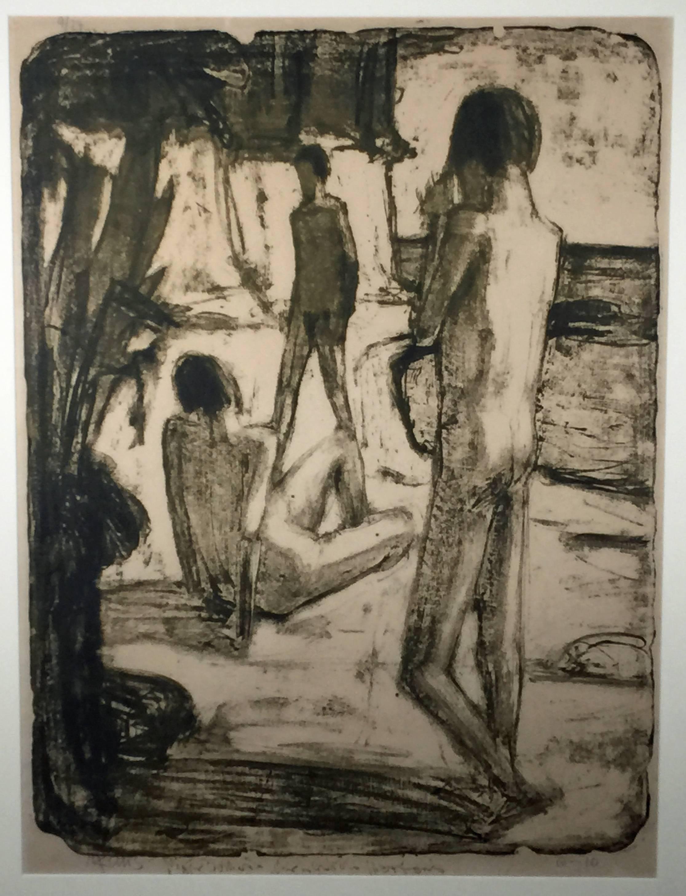 Max Kaus Figurative Print - BADENDE MANNER: (THREE MALE BATHERS AT THE SHORE)