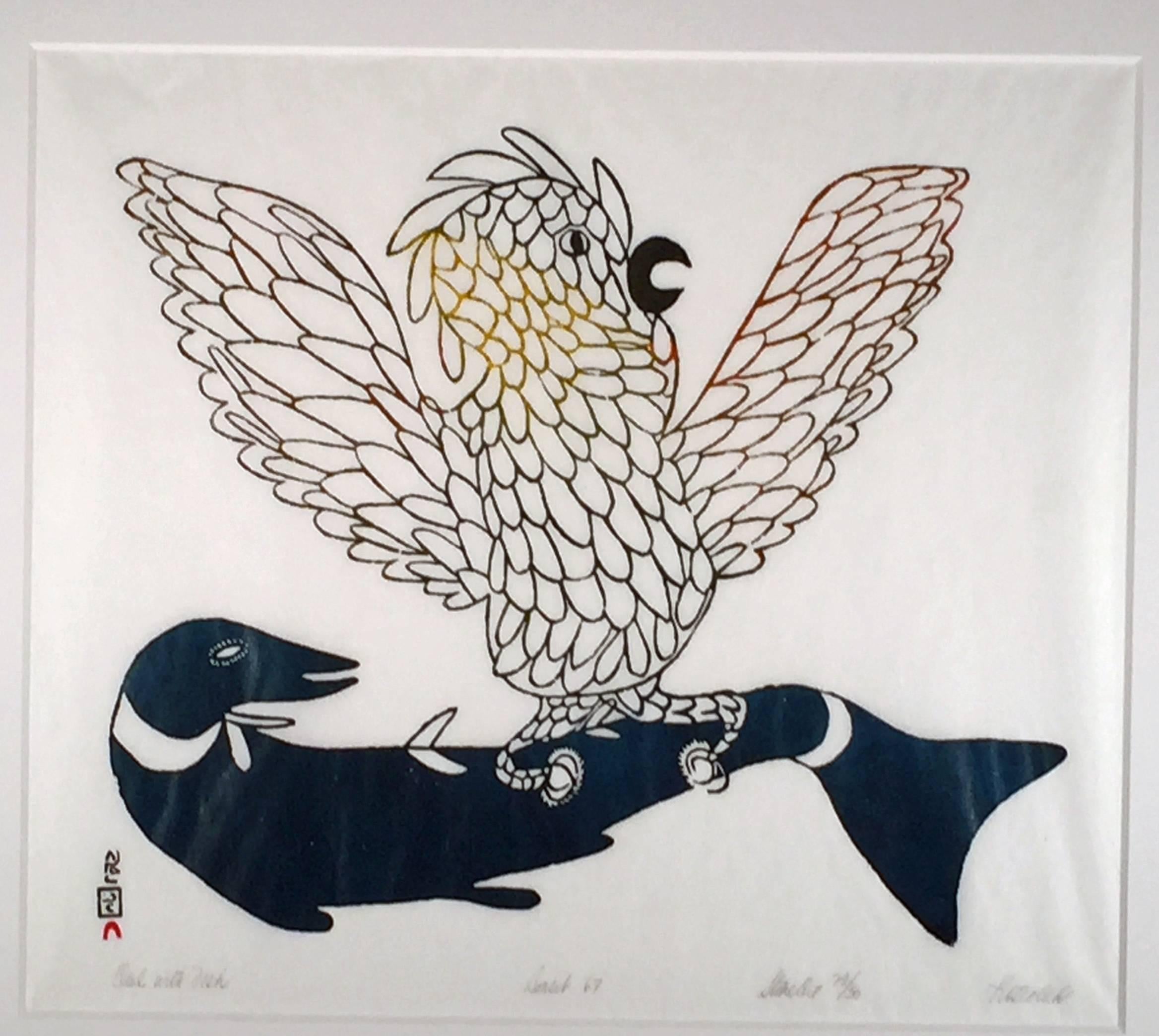 Pitseolak Ashoona Animal Print - OWL AND FISH