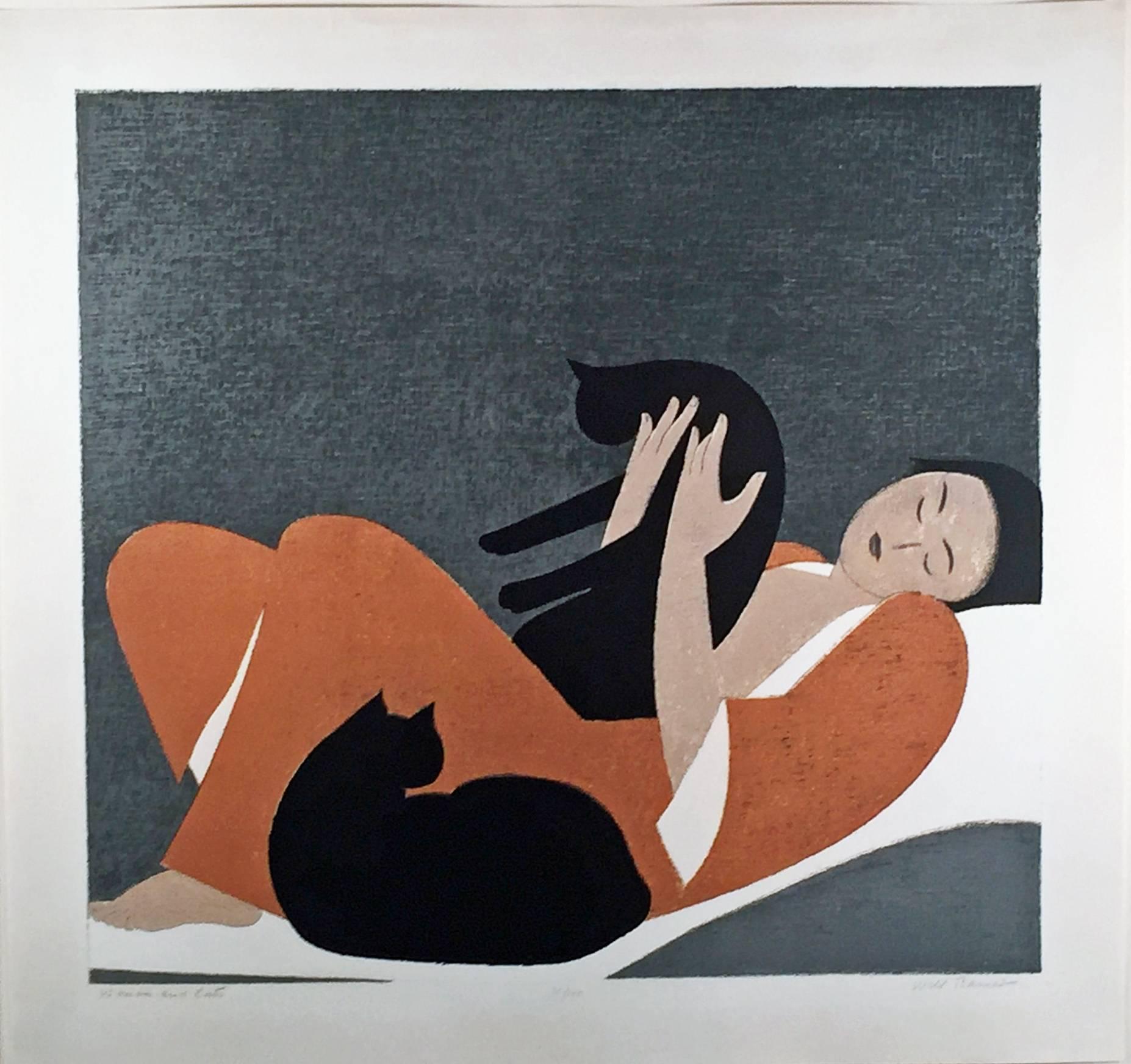 Will Barnet Figurative Print - WOMAN AND CATS