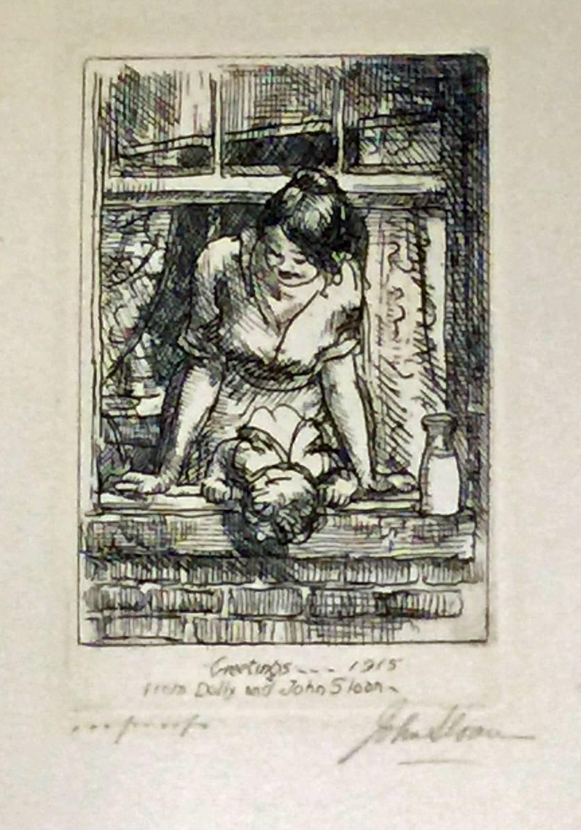 John Sloan Figurative Print - GREETINGS, 1915 or MOTHER AND CHILD AT THE WINDOW.