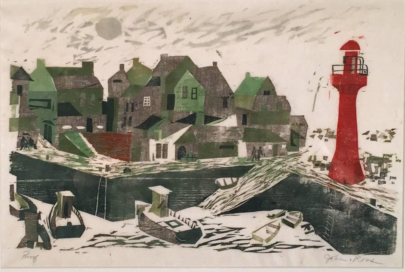 John T. Ross Landscape Print – UNbetitelt (LEuchtmöbel, HOUSE UND BOATS).