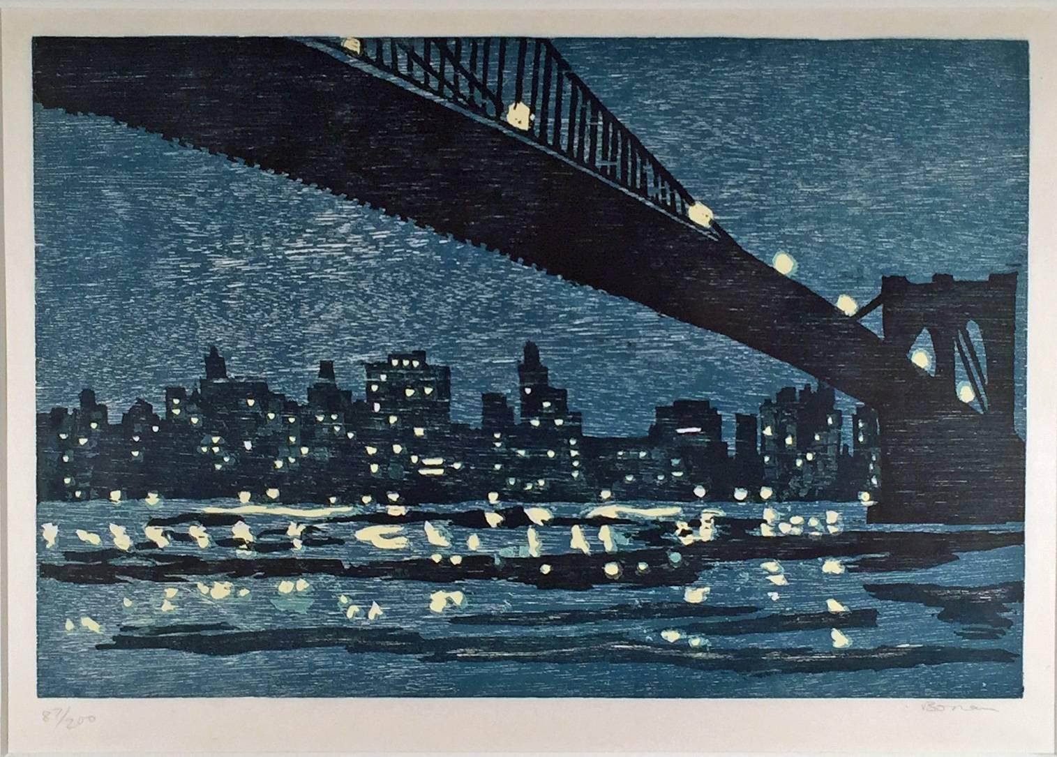 Richard Bosman Landscape Print - BROOKLYN BRIDGE AT NIGHT