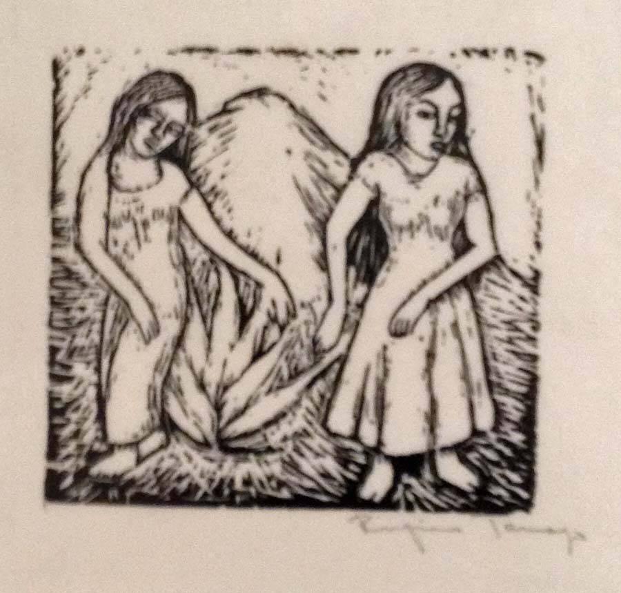 Tamayo, Rufino. DOS NINOS MEXICANAS (TWO MEXICAN GIRLS). Pereda 1. Woodcut, 1925. Signed in pencil. Edition size not known, but likely small. 3 1/4 x 3 1/2 inches (image) 7 5/8 x 5 7/8 inches (sheet). In very good condition. 
This was Tamayo's first