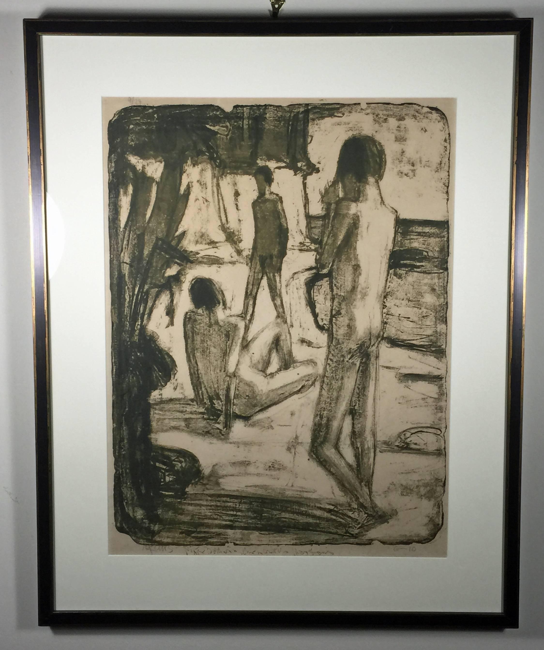 BADENDE MANNER: (TRES BAÑISTAS MASCULINOS EN LA ORILLA) - Print de Max Kaus