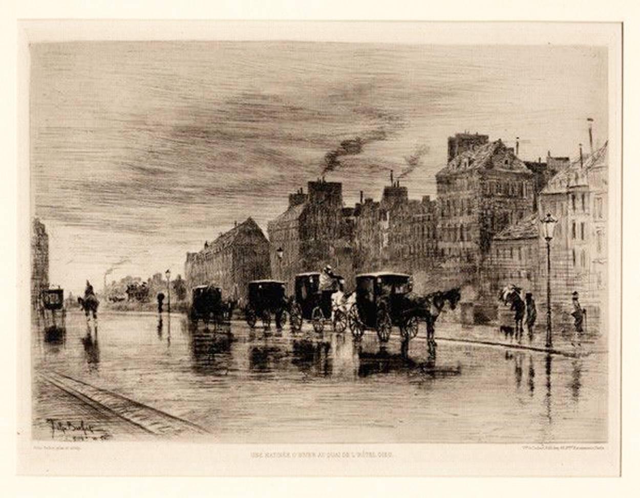 UNE MATINEE D'HIVER AU QUAI DE L'HOTEL-DIEU (CABSTAND).  - Print by Félix Hilaire Buhot