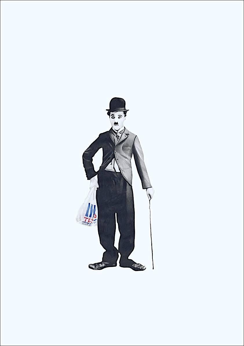 Zoe Moss Figurative Art - Chaplin shopping (framed in black)