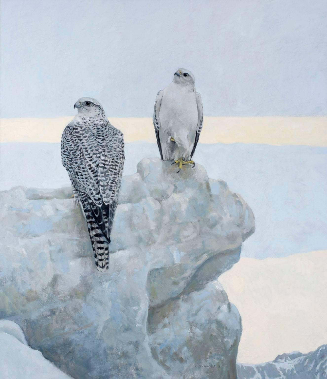 Ron Kingswood Animal Painting - Northern Vigil Gyrfalcons